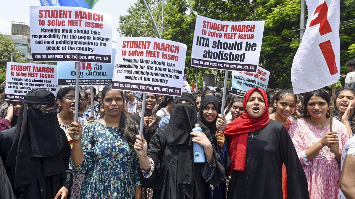 <div class="paragraphs"><p> Members of various student unions take part in a protest rally over the alleged irregularities in NEET 2024 exam results, in Hyderabad</p></div>