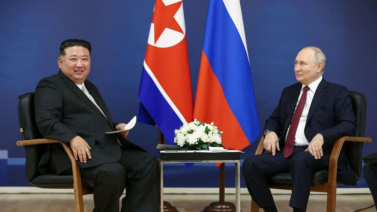 <div class="paragraphs"><p>Russia's President Vladimir Putin (right) and North Korea's leader Kim Jong Un are set to meet this week.</p></div>