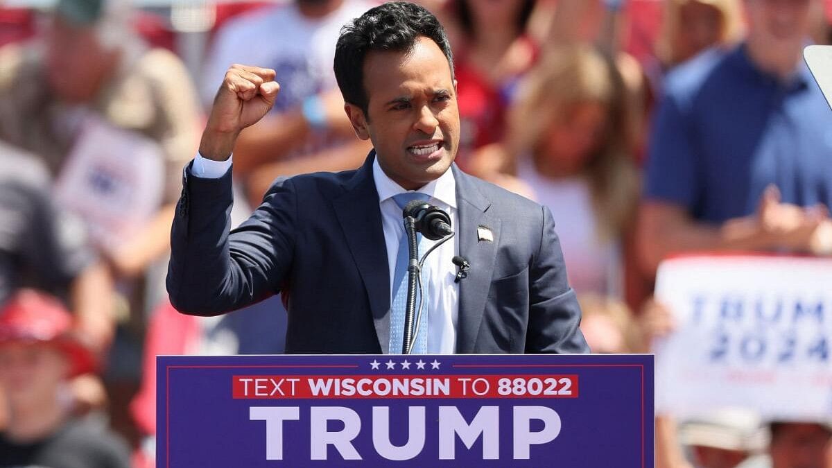 <div class="paragraphs"><p>Vivek Ramaswamy speaks to the crowd during a campaign event held by former US President and Republican presidential candidate Donald Trump, in Wisconsin.</p></div>
