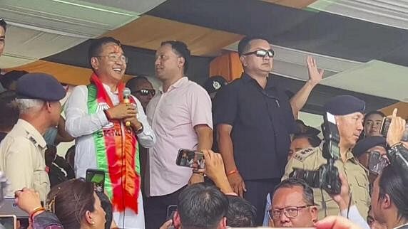 <div class="paragraphs"><p>Sikkim Chief Minister and Sikkim Krantikari Morcha (SKM) chief Prem Singh Tamang addressing supporters during celebrations after party's victory in the State Assembly elections, in Gangtok, Sunday, June 2, 2024.</p></div>