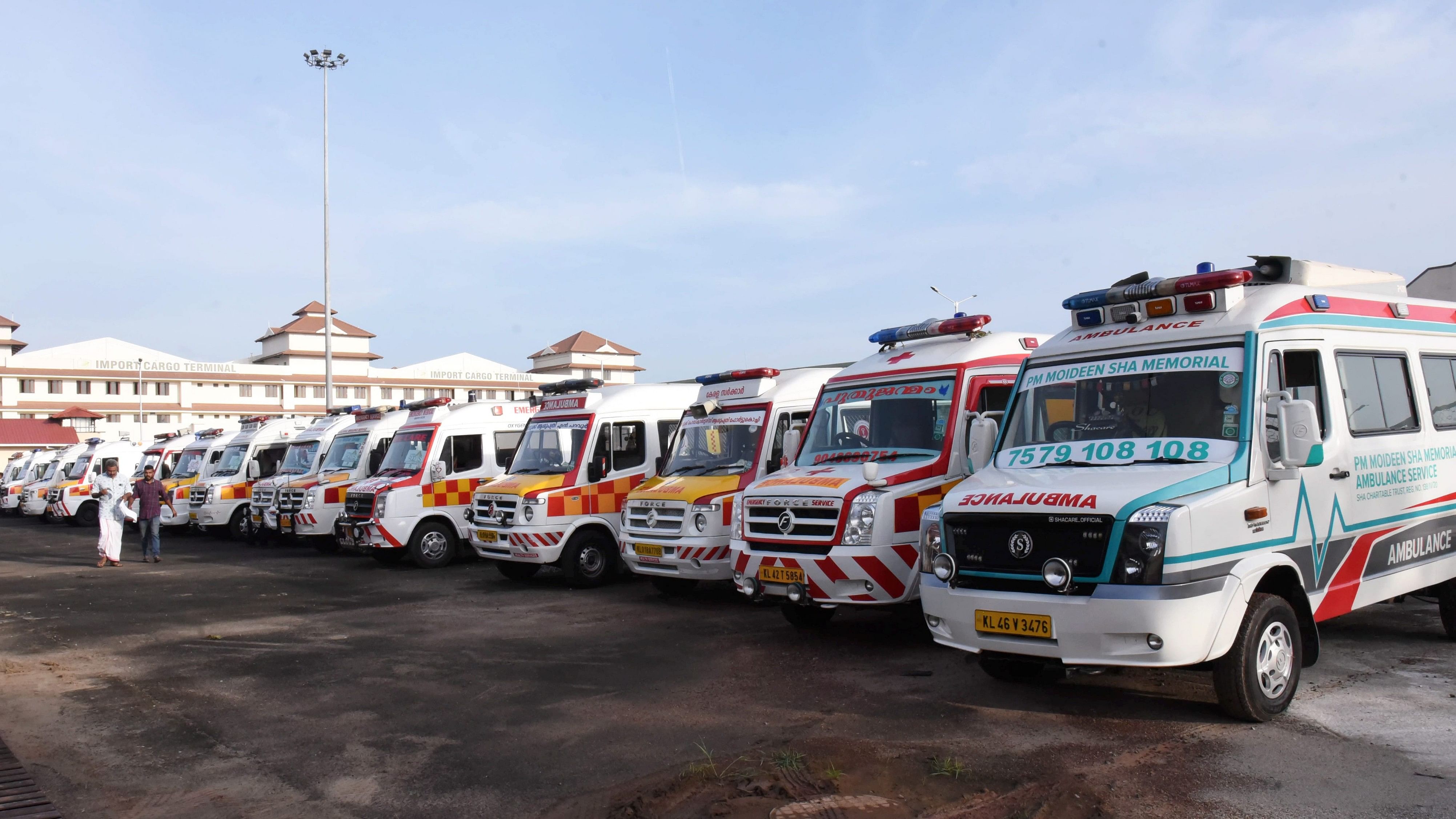 <div class="paragraphs"><p>Ambulances stationed at the Cochin International Airport before the arrival of a special IAF flight carrying the mortal remains of victims of the recent Kuwait fire incident, in Kochi, Friday, June 14, 2024.</p></div>