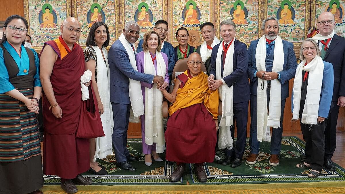 <div class="paragraphs"><p>Tibetan spiritual leader Dalai Lama with former US House of Representatives Speaker Nancy Pelosi and other members of the US Congressional delegation after a meeting at his residence, in Dharamsala, Wednesday, June 19, 2024. </p></div>