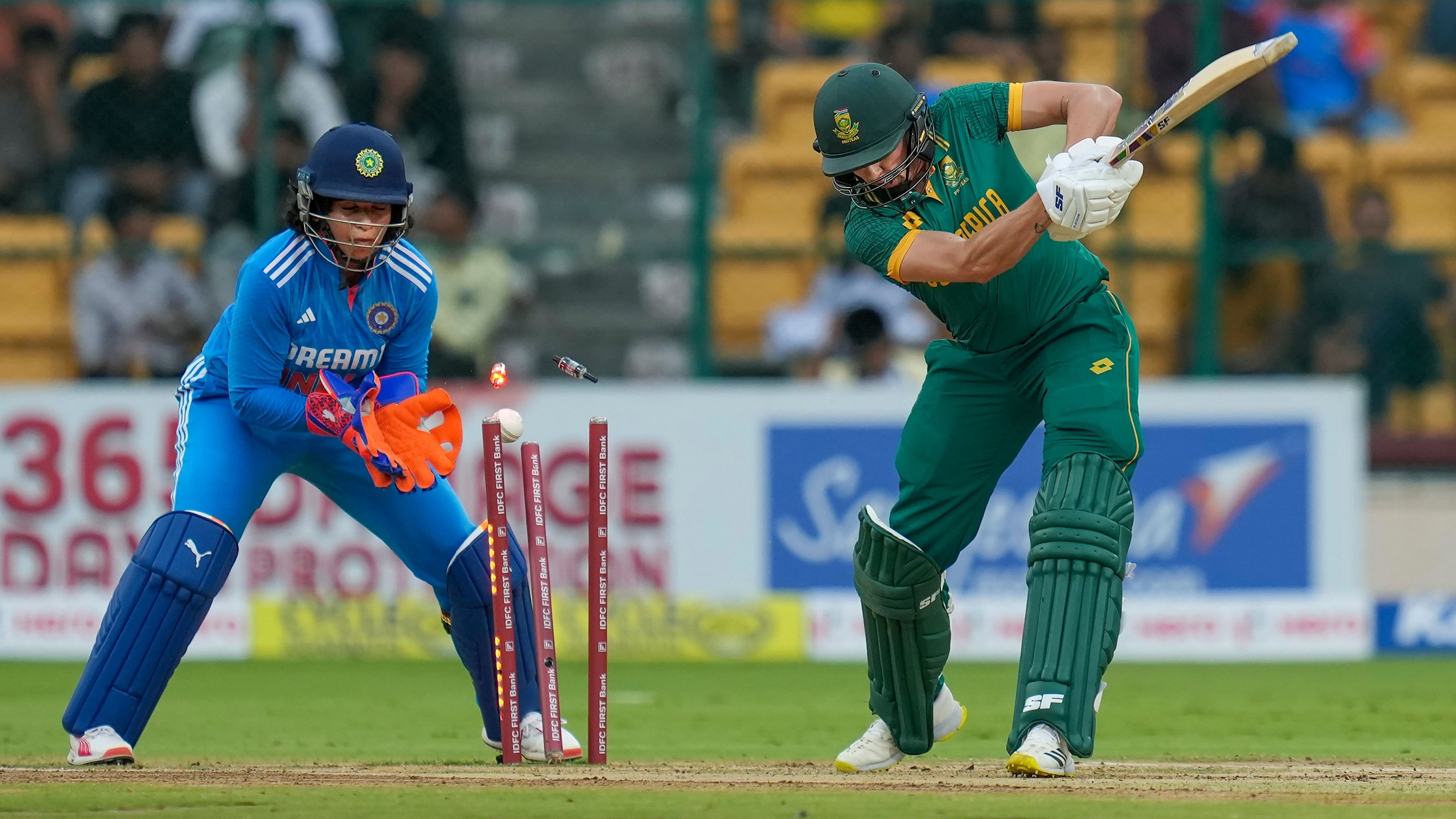 <div class="paragraphs"><p>Bengaluru: South African batter Tazmin Brits clean bowled by India's Arundhati Reddy during the second women's ODI cricket match between India and South Africa at M Chinnaswamy Stadium, in Bengaluru, Wednesday, June 19, 2024. </p></div>
