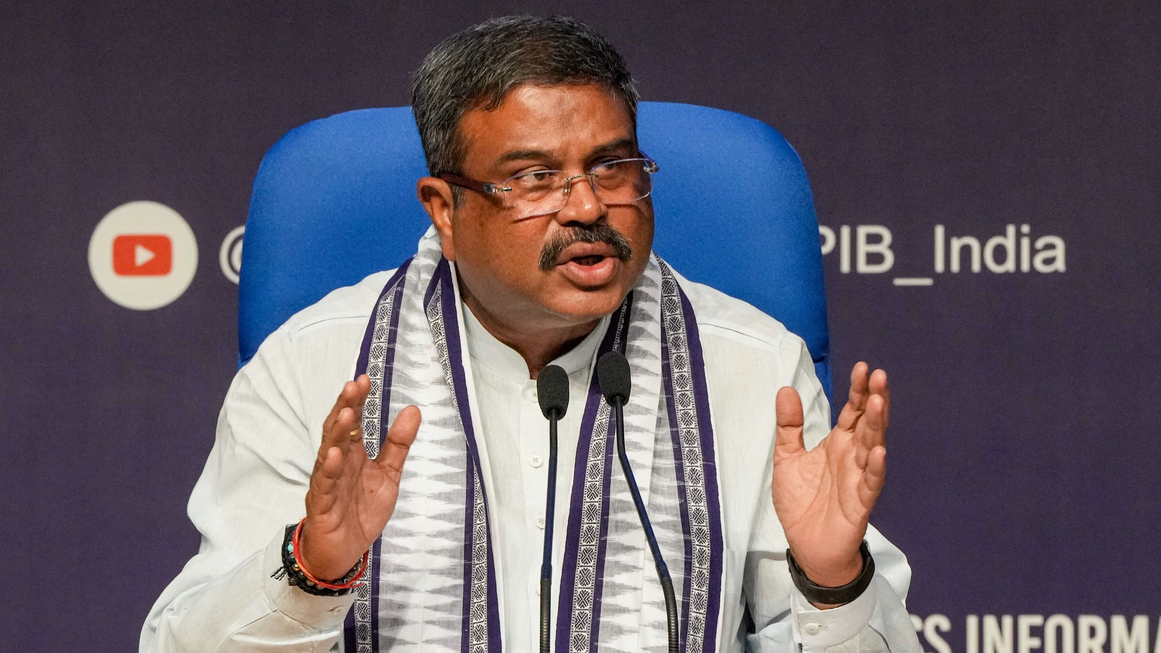 <div class="paragraphs"><p>Union Education Minister Dharmendra Pradhan addresses a press conference regarding the alleged irregularities in NEET 2024 results and UGC-NET 2024 exam cancellation, in New Delhi, Thursday.</p></div>