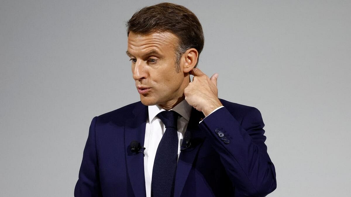 <div class="paragraphs"><p>French President Emmanuel Macron gestures during a press conference about the priorities of his Renaissance party and its allies ahead of the early legislative elections in Paris.</p></div>