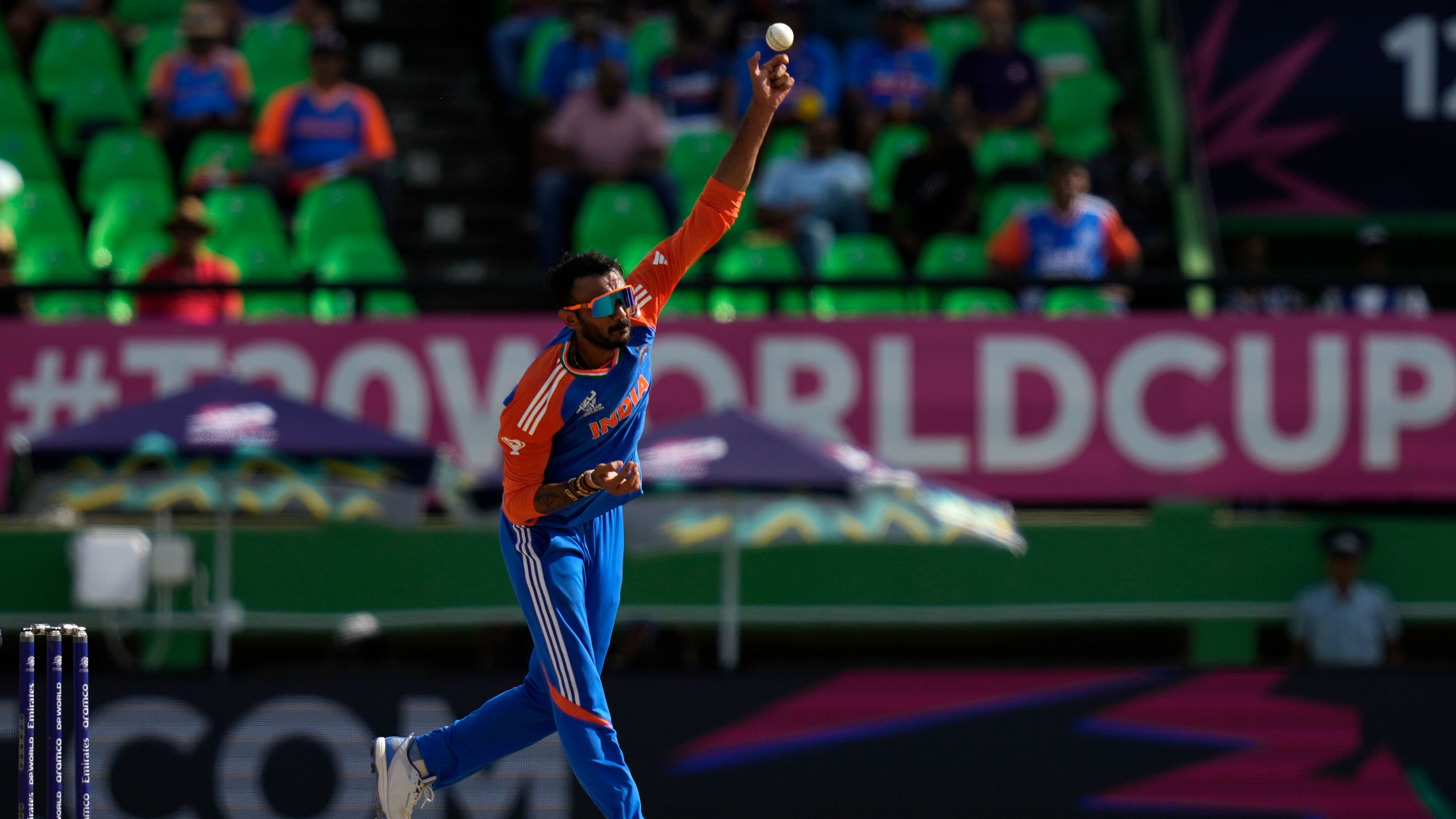 <div class="paragraphs"><p>Axar Patel bowls a delivery during the ICC Men's T20 World Cup second semifinal cricket match between England and India at the Guyana National Stadium in Providence, Guyana, Thursday, June 27, 2024.</p></div>