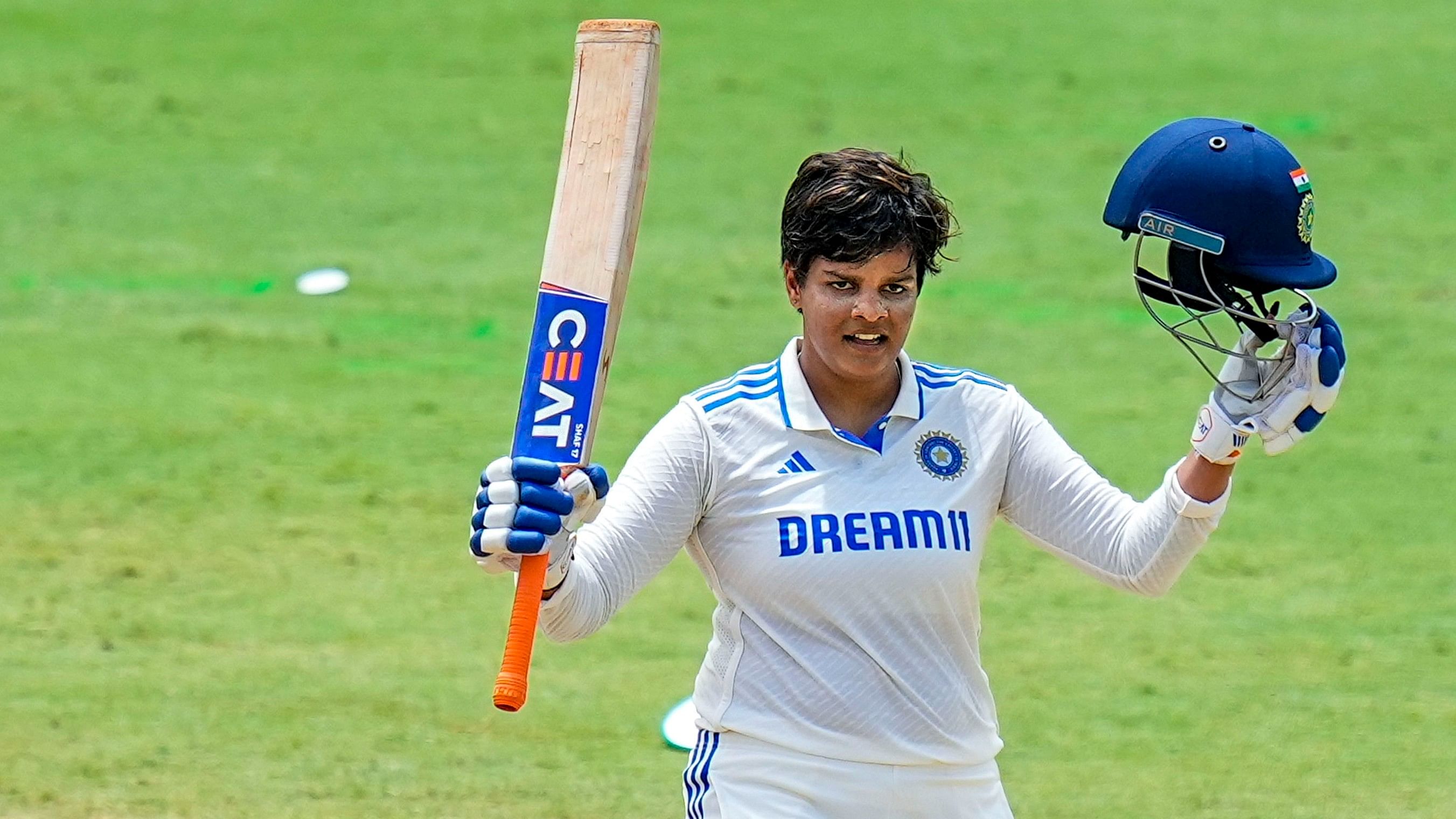<div class="paragraphs"><p>Shafali Verma celebrates her century during a one-off test cricket match between India and South Africa, at the MA Chidambaram Stadium, in Chennai, Friday.</p></div>