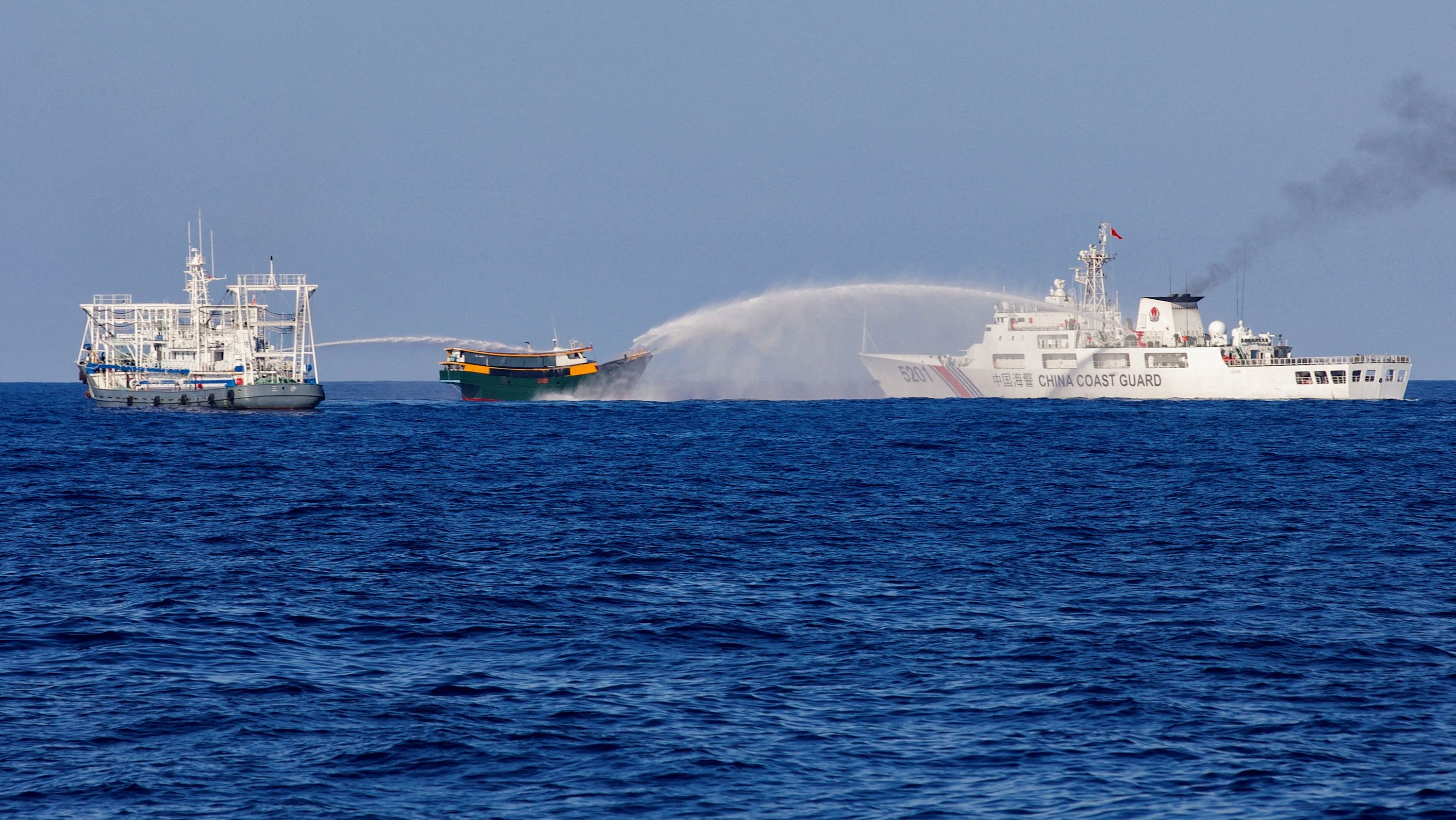 <div class="paragraphs"><p>Chinese Coast Guard vessels fire water cannons towards a Philippine resupply vessel Unaizah.&nbsp;</p></div>