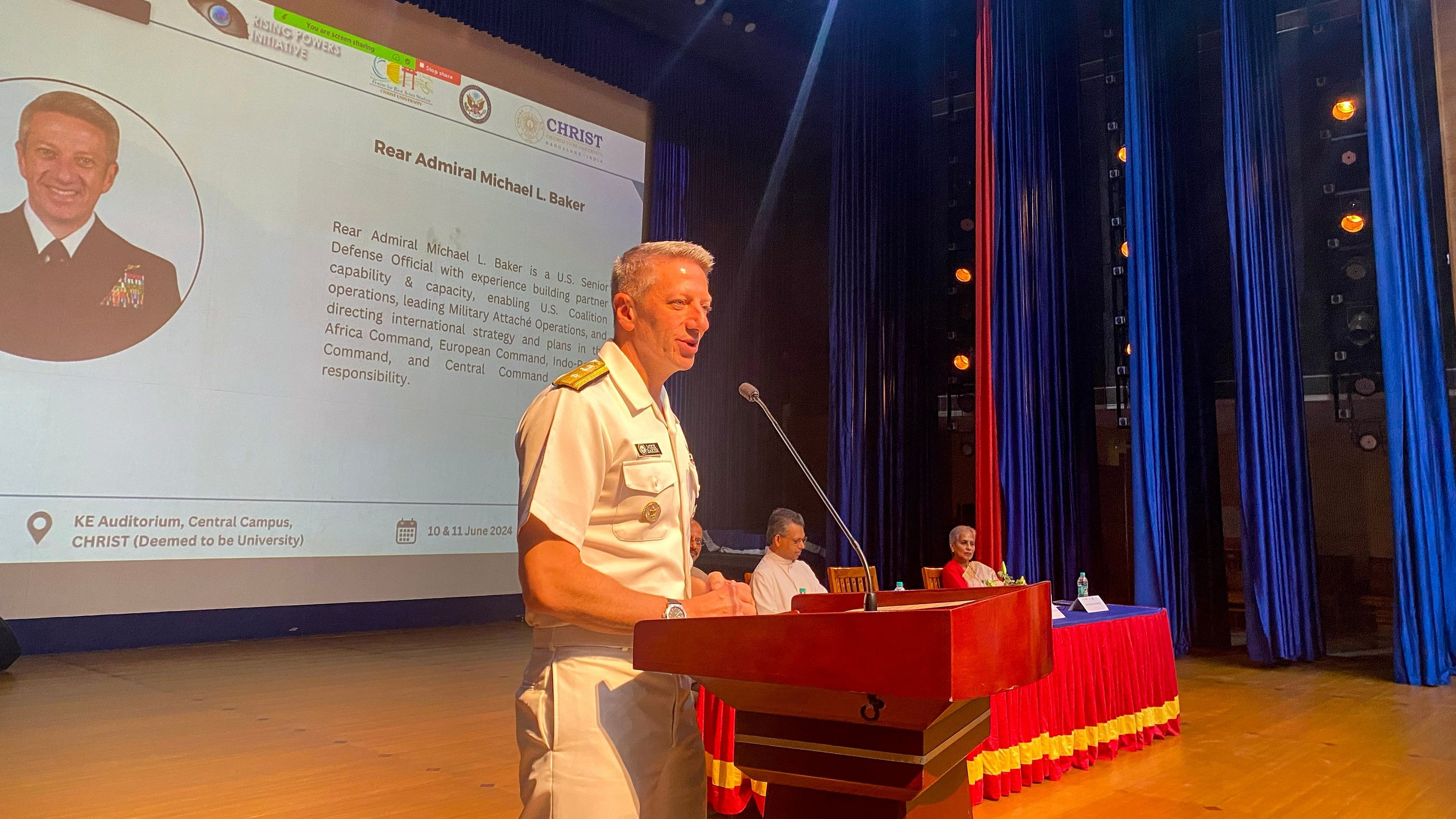 <div class="paragraphs"><p>US Defence Attache Rear Admiral Michael Baker speaks at the symposium.&nbsp;</p></div>