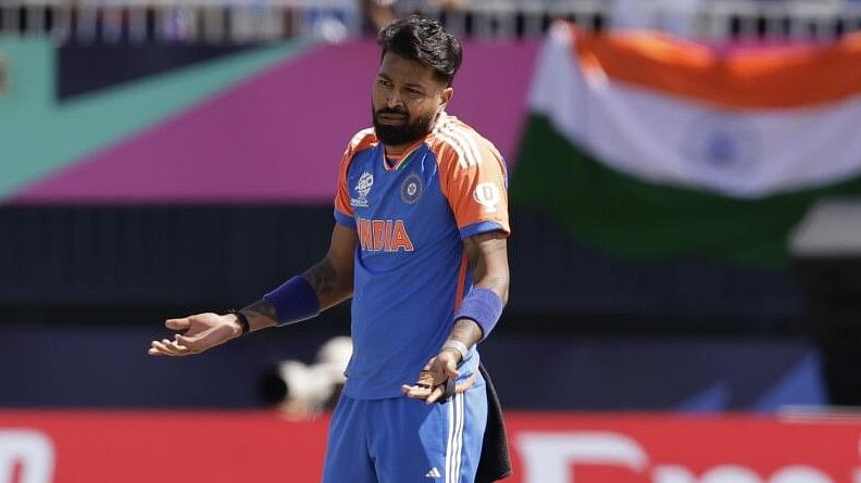 <div class="paragraphs"><p>Hardik Pandya reacts after dismissing Pakistan's Shadab Khan during the ICC Men's T20 World Cup cricket match between India and Pakistan at the Nassau County International Cricket Stadium in Westbury, New York.</p></div>