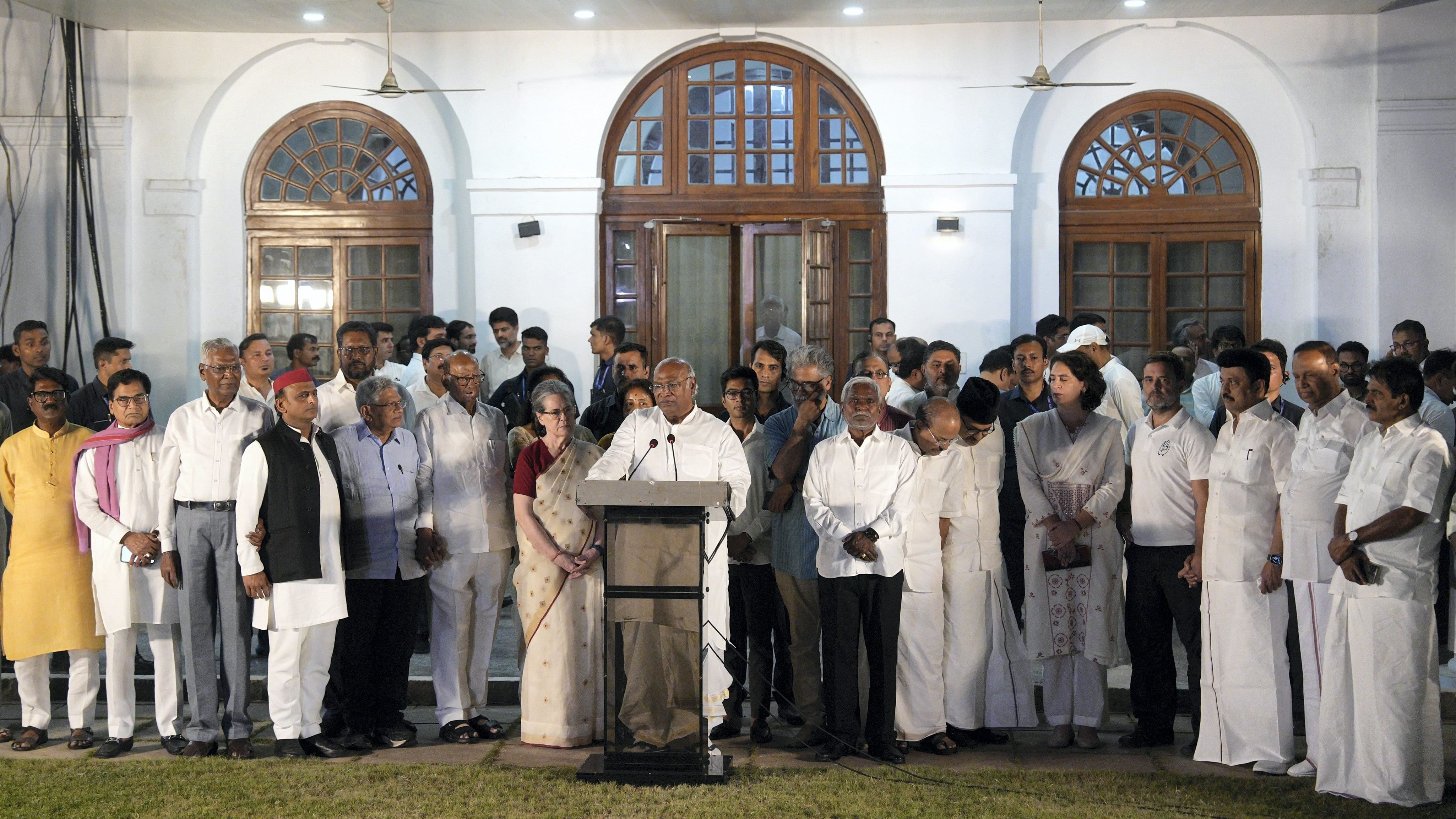 <div class="paragraphs"><p>The INDIA bloc leaders’ meeting at Congress chief Mallikarjun Kharge's residence, in New Delhi on June 5, 2024.</p></div>