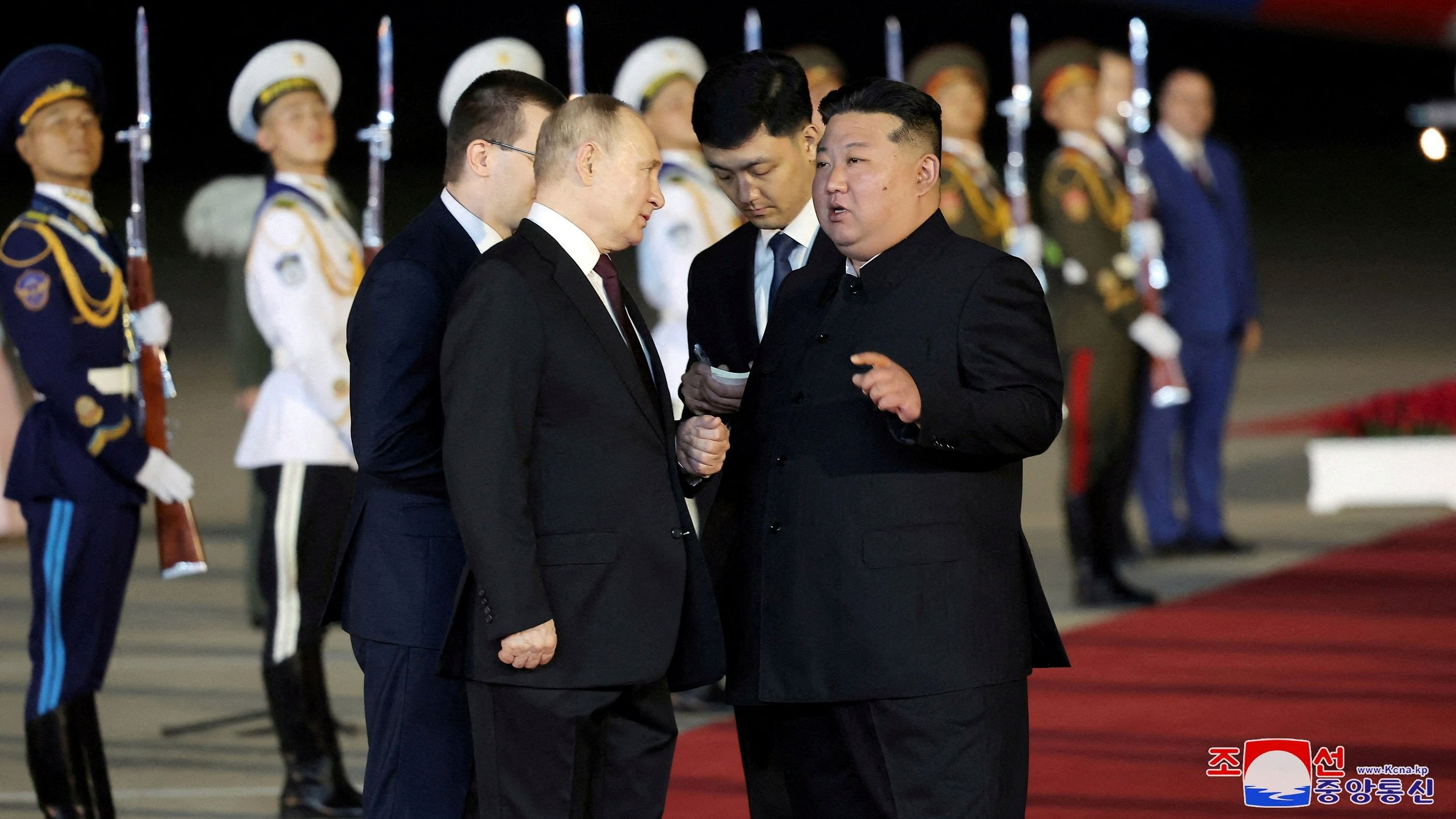 <div class="paragraphs"><p>Russian President Vladimir Putin is welcomed by North Korean leader Kim Jong Un upon his arrival at an airport in Pyongyang, North Korea, in this image released by the Korean Central News Agency June 19, 2024.</p></div>