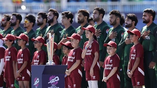 <div class="paragraphs"><p>Pakistan players stand for their national anthem before the start of the ICC Men's T20 World Cup cricket match between Pakistan and Canada at the Nassau County International Cricket Stadium in Westbury, New York.&nbsp;</p></div>