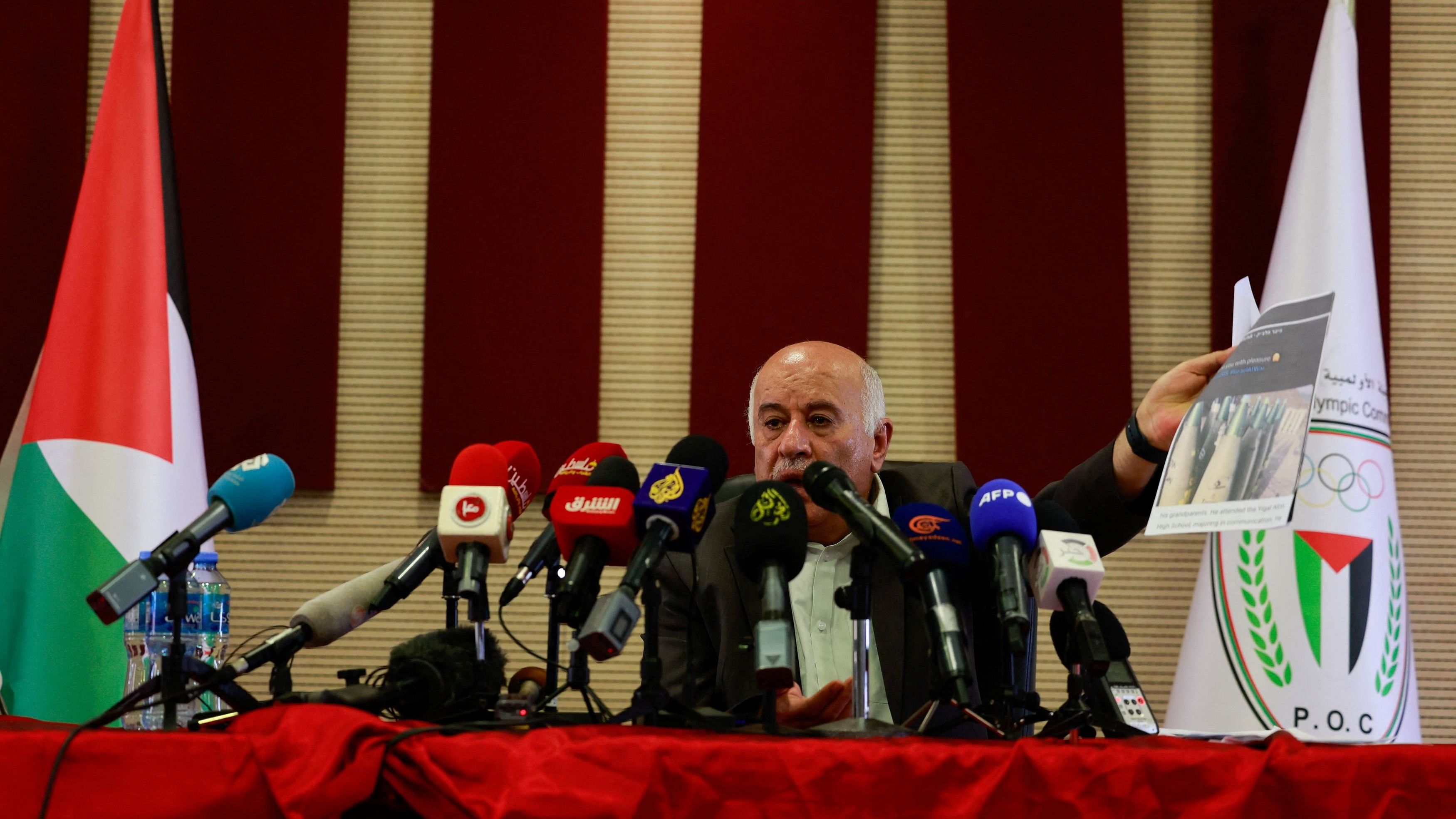 <div class="paragraphs"><p>Head of the Palestinian Football Association Jibril Rajoub holds a news conference to update the media about challenges facing Palestinian sports ahead of the Olympics in Paris, in Ramallah, in the Israeli-occupied West Bank June 12, 2024. </p></div>