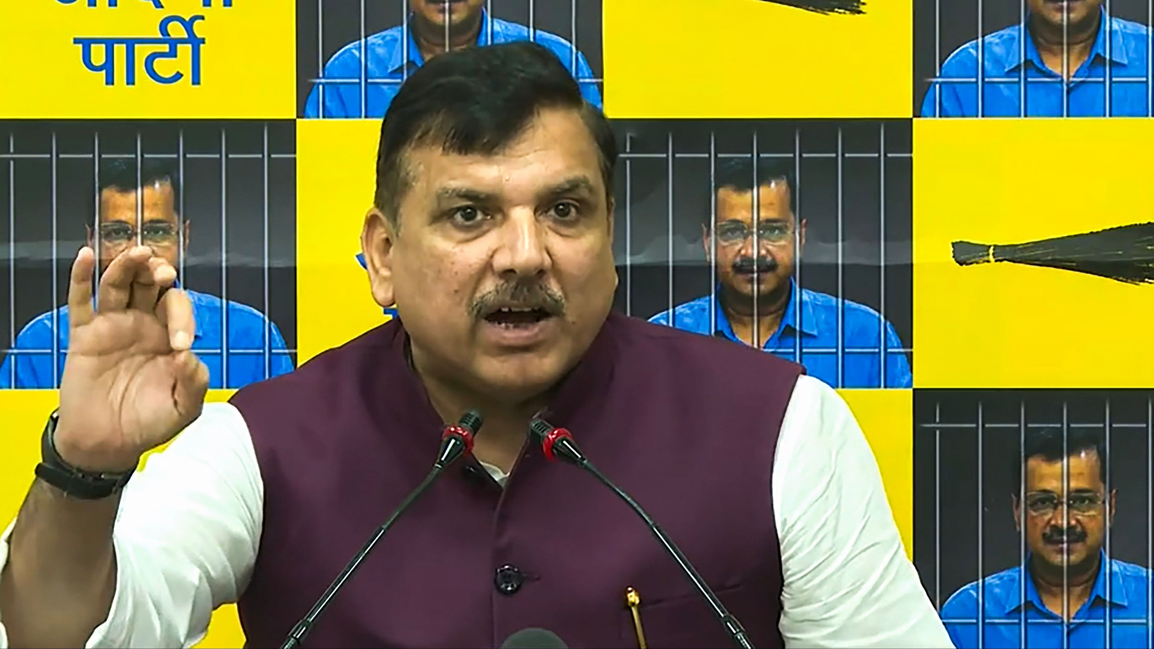 <div class="paragraphs"><p> AAP leader Sanjay Singh addresses a press conference regarding the arrest of Delhi CM Arvind Kejriwal by the CBI in connection with a money laundering case related to the Delhi liquor policy, in New Delhi.</p></div>