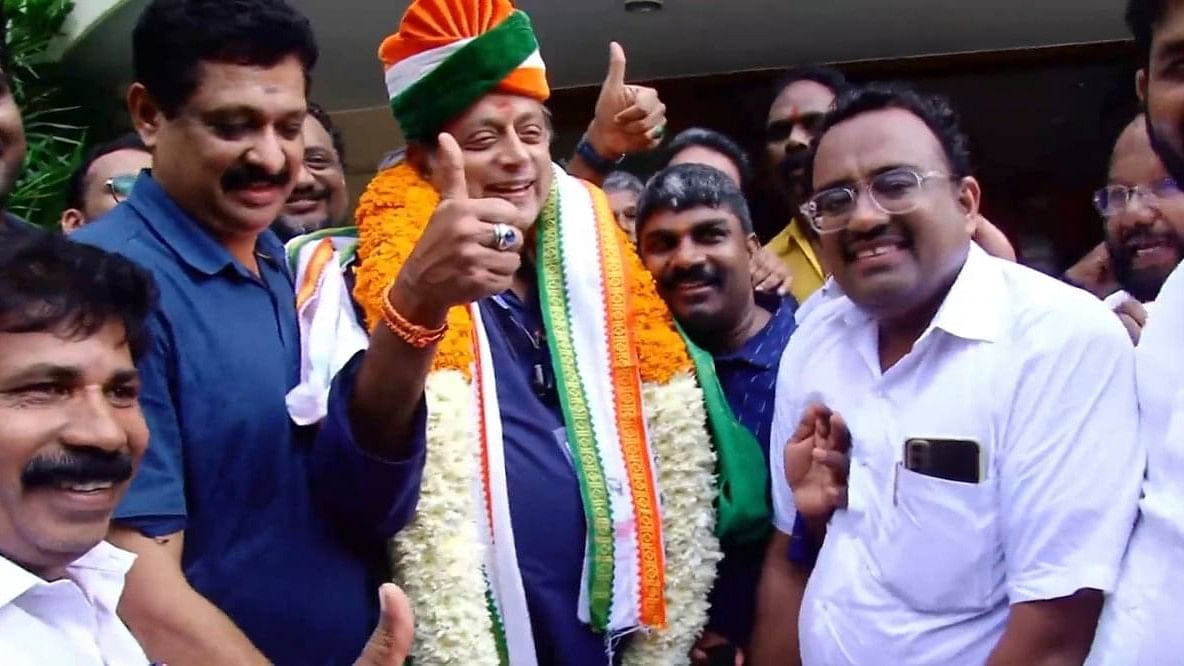 <div class="paragraphs"><p>Thiruvananthapuram: Congress leader Shashi Tharoor with supporters during celebrations of the party's lead in the Lok Sabha elections as counting of votes underway, in Thiruvananthapuram, Tuesday, June 4, 2024.</p></div>