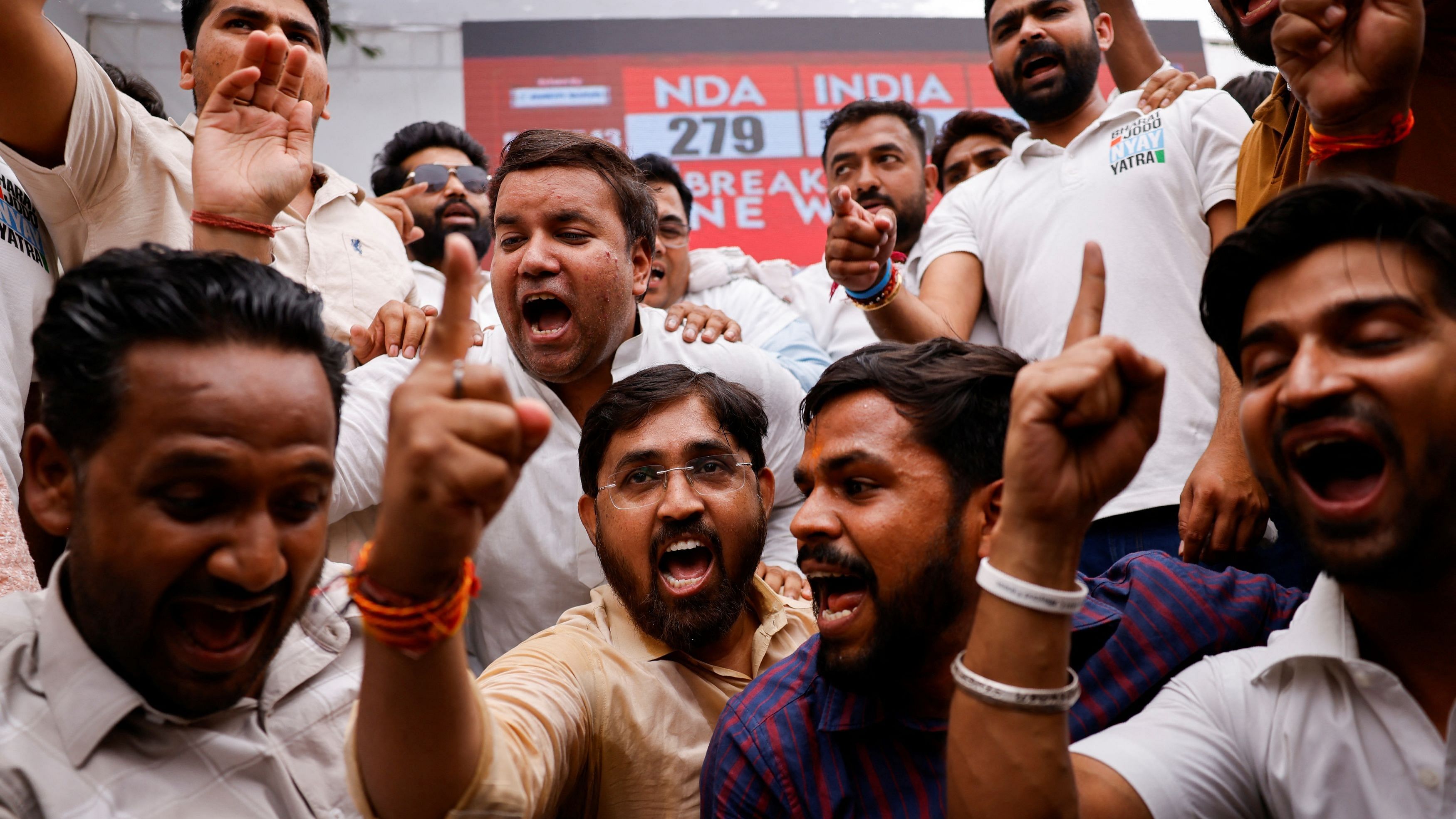 <div class="paragraphs"><p>I.N.D.I.A. bloc supporters celebrate poll performance.</p></div>