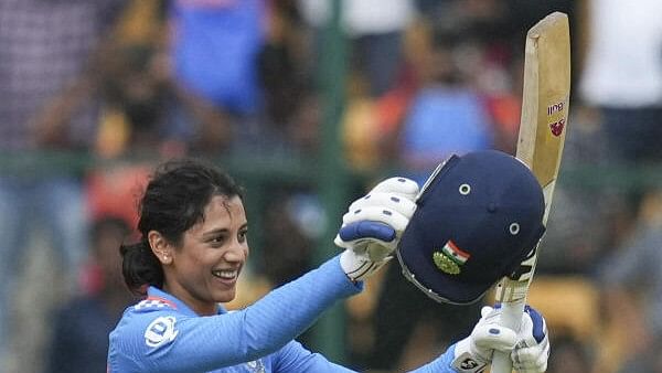 <div class="paragraphs"><p>Indian batter Smriti Mandhana celebrates her century during the Second ODI cricket match between India-W and South Africa-W at M Chinnaswamy Stadium, in Bengaluru, Wednesday, June 19,2024.</p></div>