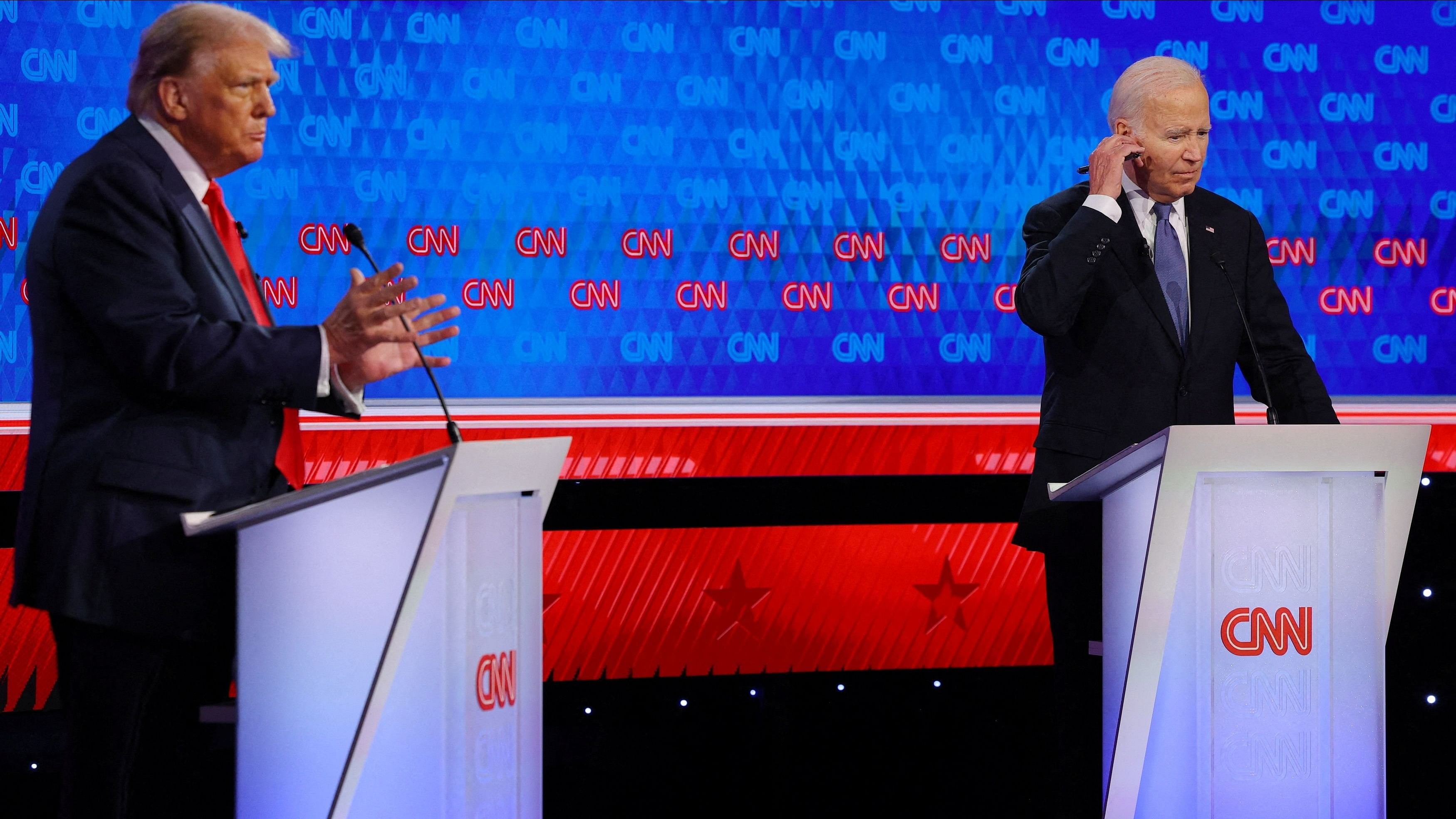 <div class="paragraphs"><p>Democrat candidate, US President Joe Biden, and Republican candidate, former US President Donald Trump, attend a debate ahead of the US presidential election, in Atlanta, Georgia, US, June 27, 2024. </p></div>