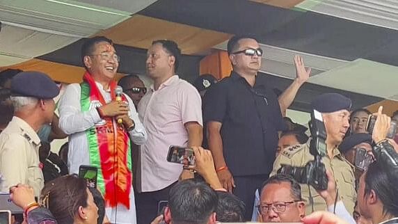 <div class="paragraphs"><p>Sikkim Chief Minister and Sikkim Krantikari Morcha (SKM) chief Prem Singh Tamang addresses supporters during celebrations after party's victory in the State Assembly elections, in Gangtok.&nbsp;</p></div>