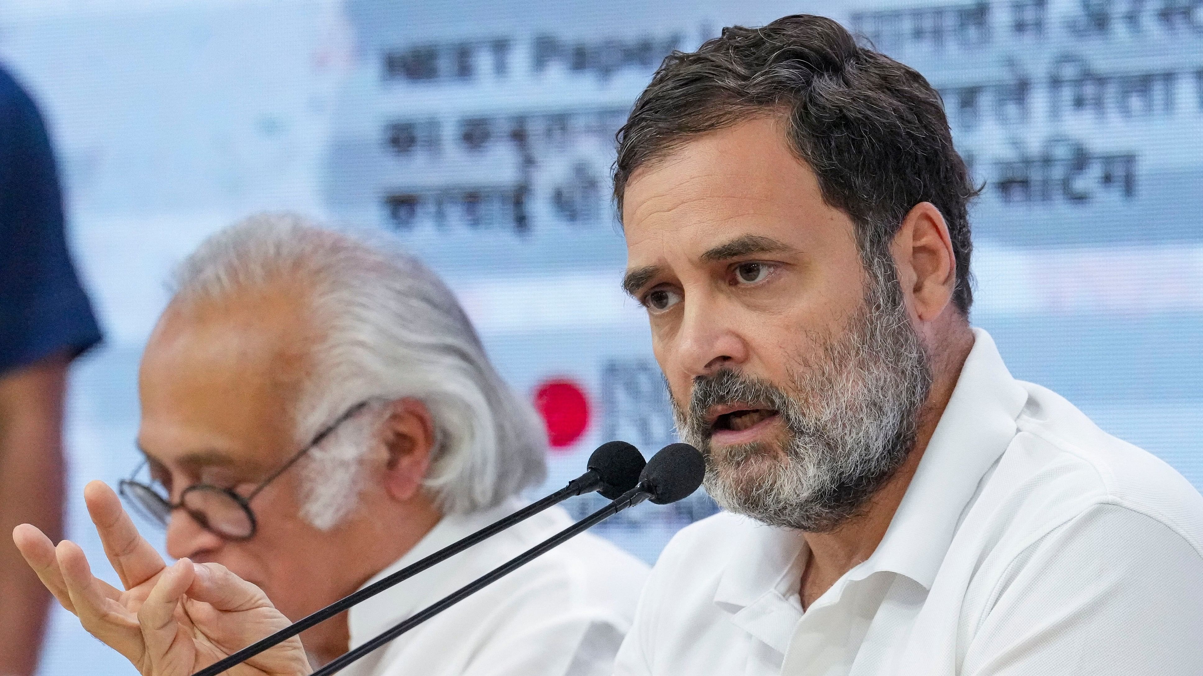 <div class="paragraphs"><p>Congress MP Rahul Gandhi with party leader Jairam Ramesh during a press conference at AICC HQ, in New Delhi, on Thursday.</p></div>