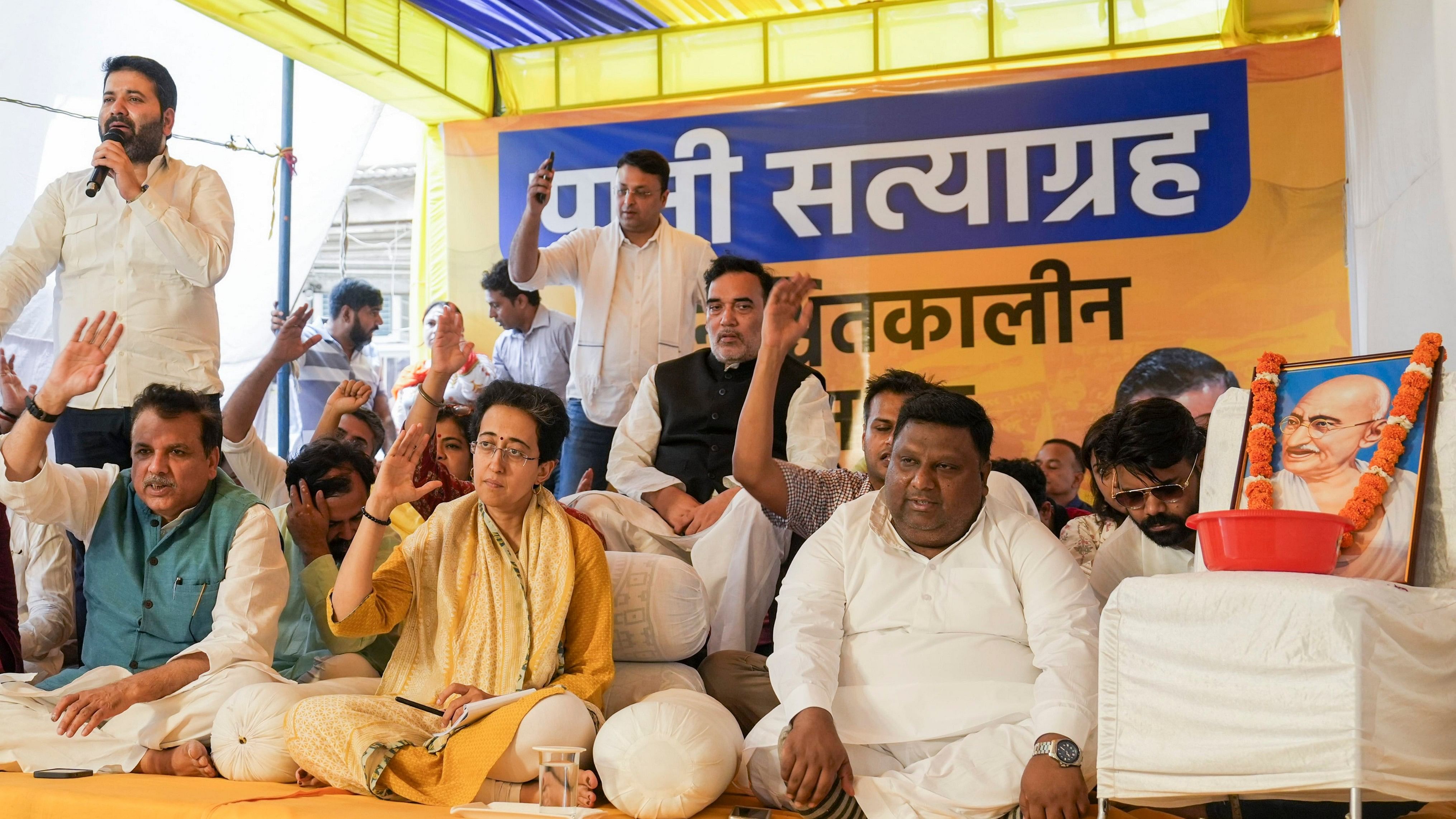 <div class="paragraphs"><p>Delhi Water Minister and AAP leader Atishi Singh with party leaders Saurabh Bhardwaj, Sanjay Singh and Gopal Rai.</p></div>