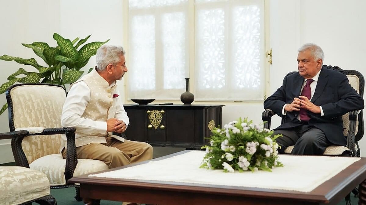 <div class="paragraphs"><p>Union External Affairs Minister S Jaishankar during a meeting with Sri Lanka President Ranil Wickremesinghe. Jaishankar on Thursday called on Wickremesinghe and jointly unveiled the virtual plaque to mark the formal commissioning of the Maritime Rescue Coordination Centre built with a $6 million grant from India.</p></div>