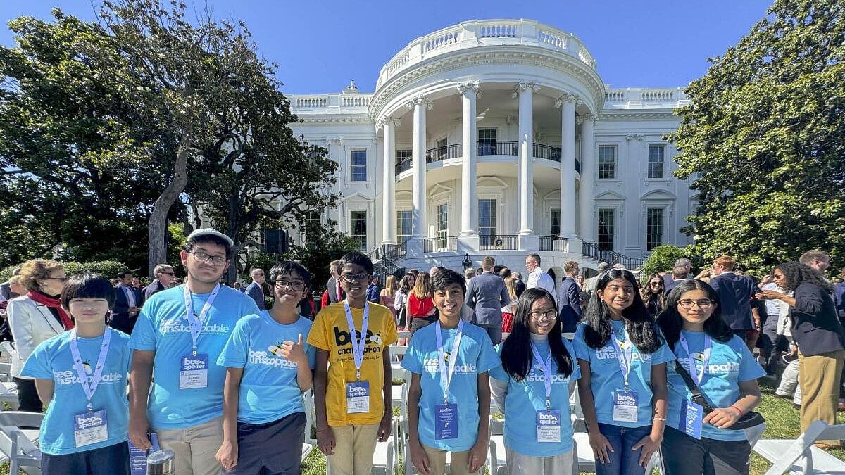 <div class="paragraphs"><p>Scripps National Spelling Bee champion Bruhat Soma along with the seven other finalists at the White House, USA, Friday, May 31, 2024.</p></div>