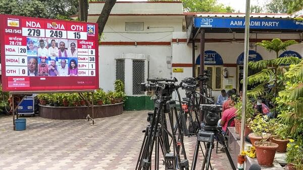 <div class="paragraphs"><p>Media cameras at AAP office on the day of counting of votes for Lok Sabha elections, in New Delhi, Tuesday, June 4, 2024.</p></div>