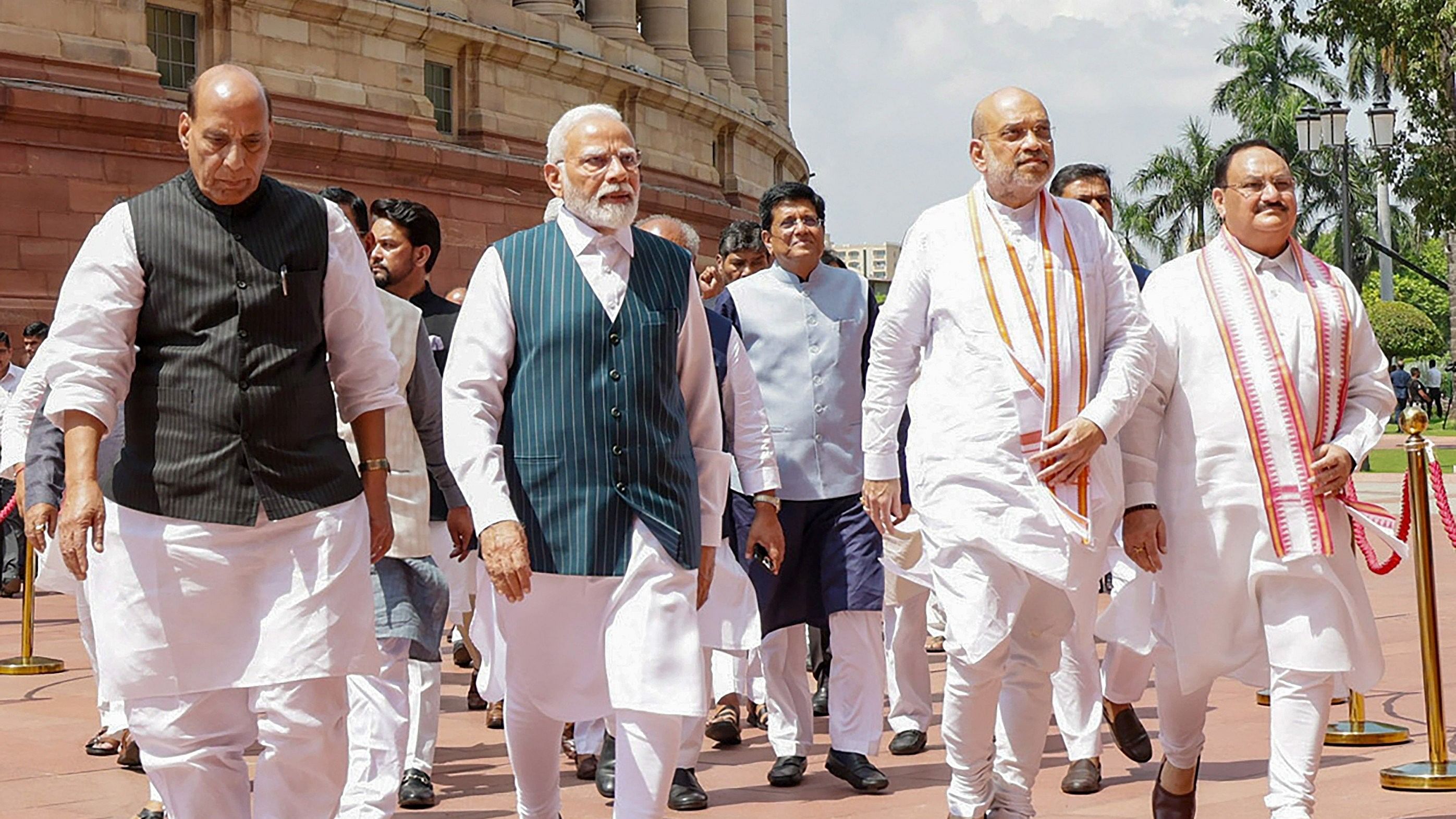 <div class="paragraphs"><p>Prime Minister Narendra Modi, BJP chief J P Nadda, Defence Minister Rajnath Singh, and Union Home Minister Amit Shah.</p></div>