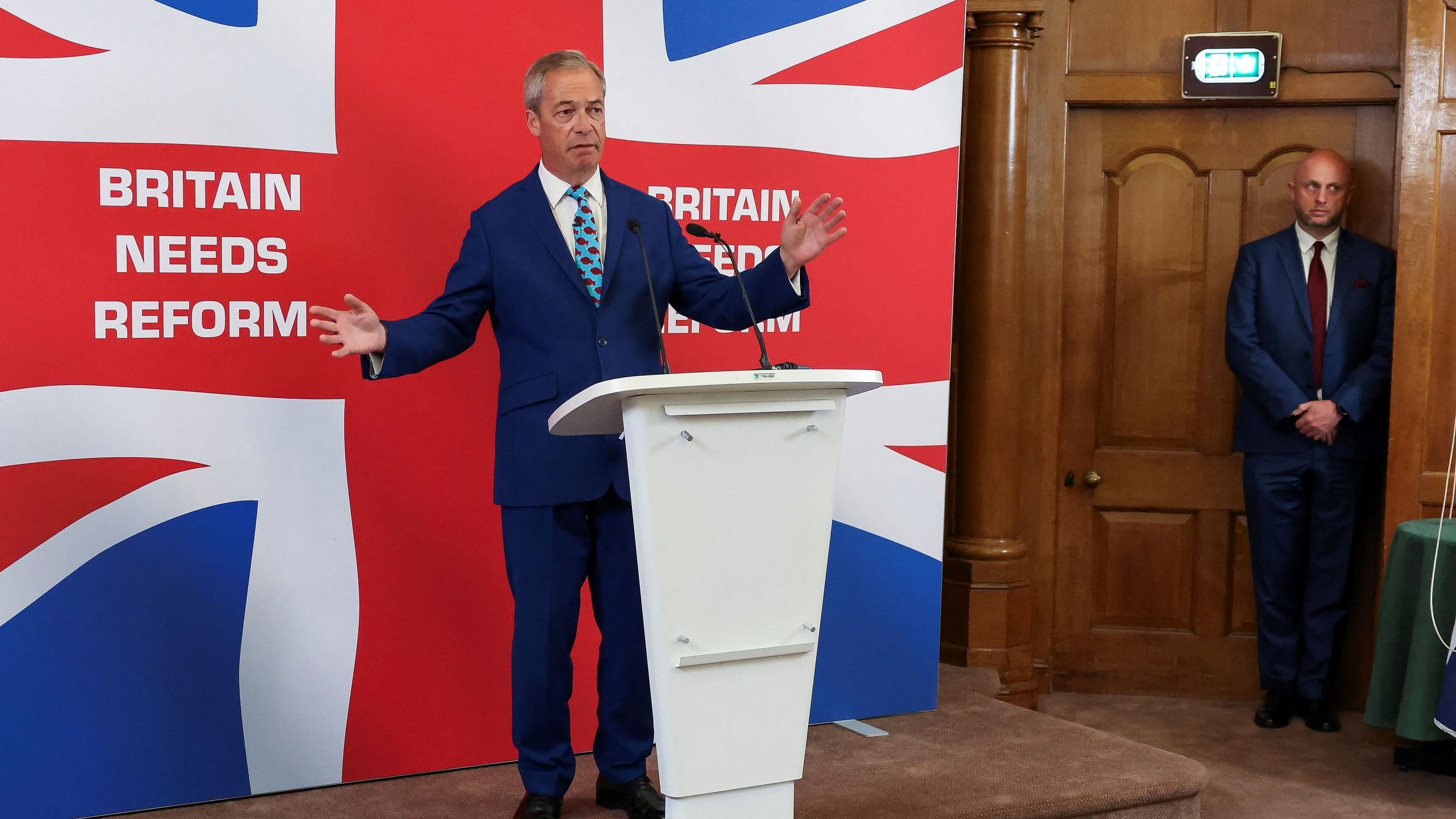 <div class="paragraphs"><p>Britain's Reform UK Party Leader Nigel Farage speaks during a Reform UK general election campaign event, in London, Britain, June 10, 2024. </p></div>