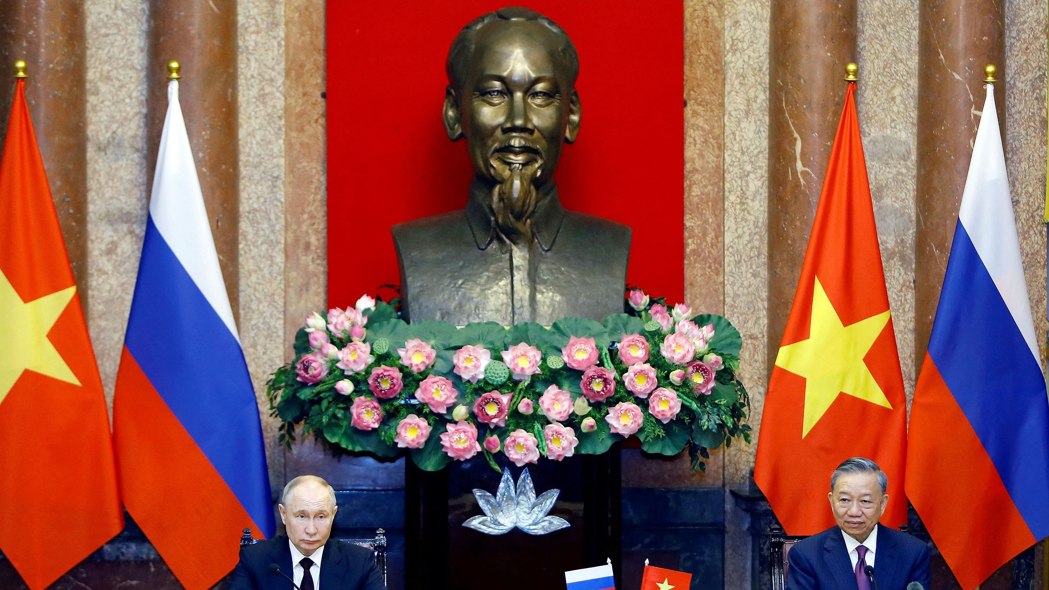 <div class="paragraphs"><p>Russian President Vladimir Putin attends a Press briefing with Vietnamese President To Lam, at the Presidential Palace in Hanoi, Vietnam, Thursday, June. 20, 2024.</p></div>