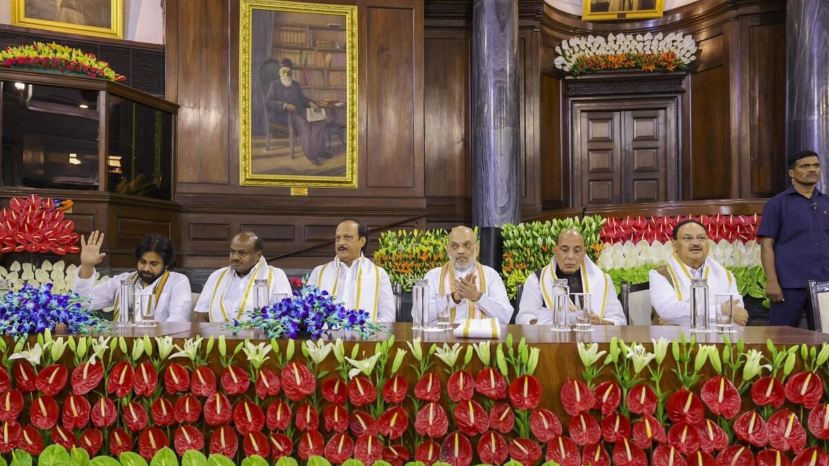 <div class="paragraphs"><p>BJP President Jagat Prakash Nadda, seneior party leader Rajnath Singh, Amit Shah, NCP's Ajit Pawar, JD(S) leader HD Kumaraswamy and Janasena's Pawan Kalyan during the NDA parliamentary party meeting at Samvidhan Sadan</p></div>