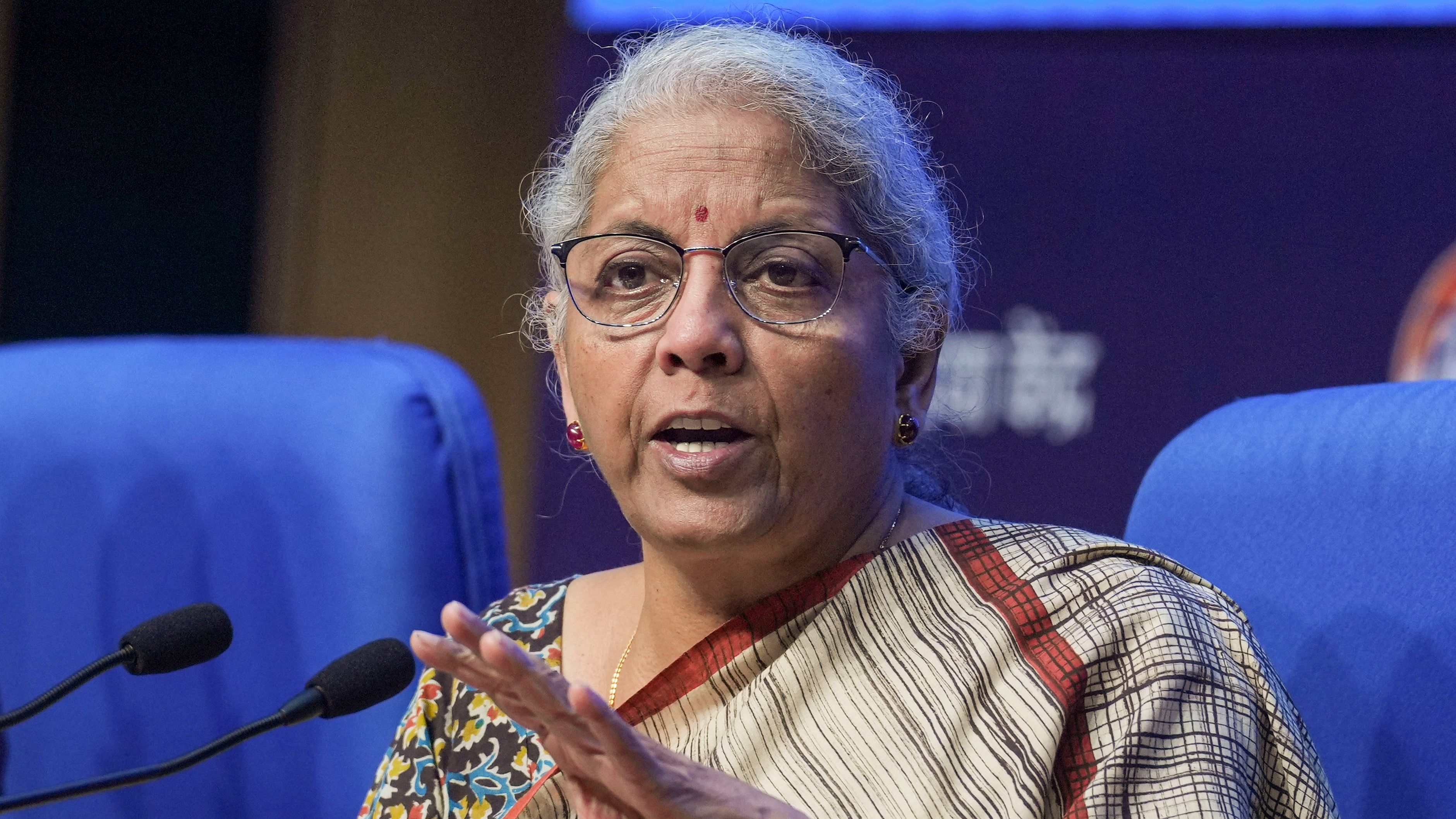 <div class="paragraphs"><p>Union Finance Minister Nirmala Sitharaman addresses a press conference after the 53rd GST Council Meeting, in New Delhi, Saturday.</p></div>