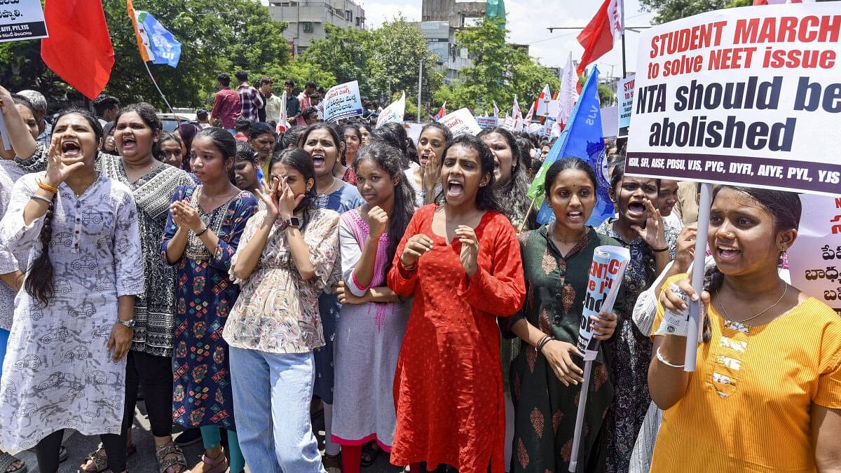 <div class="paragraphs"><p>Members of various student unions take part in a protest rally over the alleged irregularities in NEET 2024 exam results.</p></div>