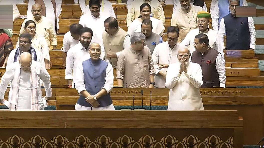 <div class="paragraphs"><p>PM Narendra Modi with other ministers and members of the House during the first day of the newly-constituted 18th Lok Sabha in New Delhi.</p></div>