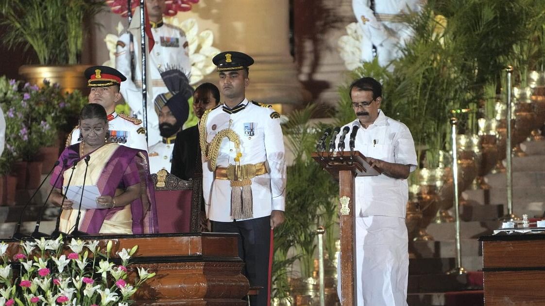 <div class="paragraphs"><p>BJP leader George Kurian takes oath as minister at the swearing-in ceremony of the new Union government.</p></div>