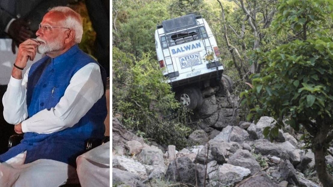 <div class="paragraphs"><p>PM Modi at his swearing-in ceremony (left); and (right) the bus which plunged into a gorge following a terrorist attack on pilgrims, in Reasi district of Jammu and Kashmir, Tuesday, June 11.</p></div>