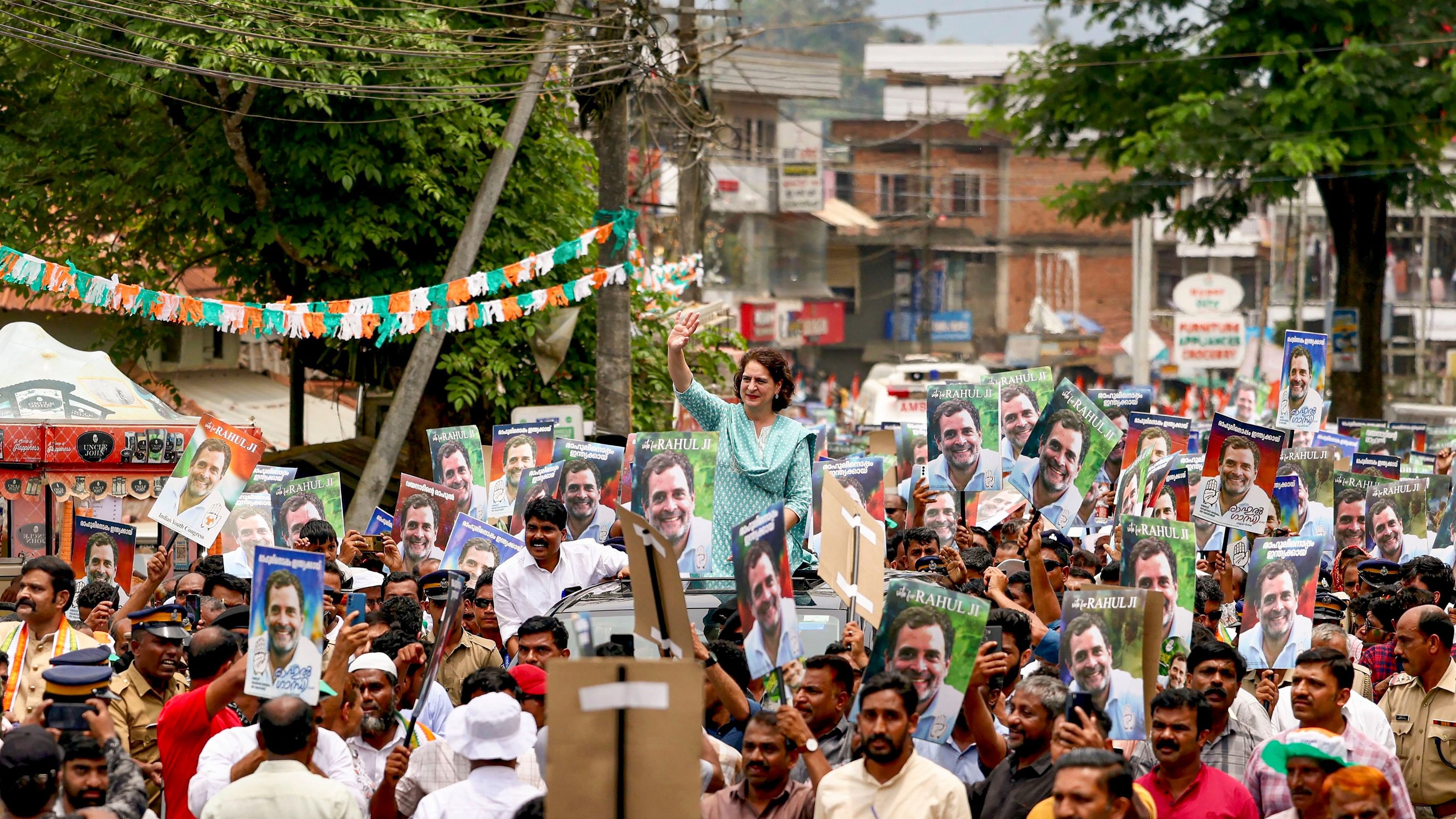 <div class="paragraphs"><p>Congress leader Priyanka Gandhi Vadra during a roadshow in Kamblakkad, Wayanad.</p></div>