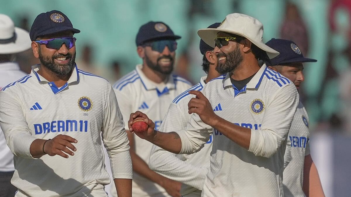 <div class="paragraphs"><p>File Photo:&nbsp;India's captain Rohit Sharma celebrates with Ravindra Jadeja and others after winning the match on the fourth day of the third test cricket match between India and England, at the Niranjan Shah Stadium, in Rajkot.</p></div>