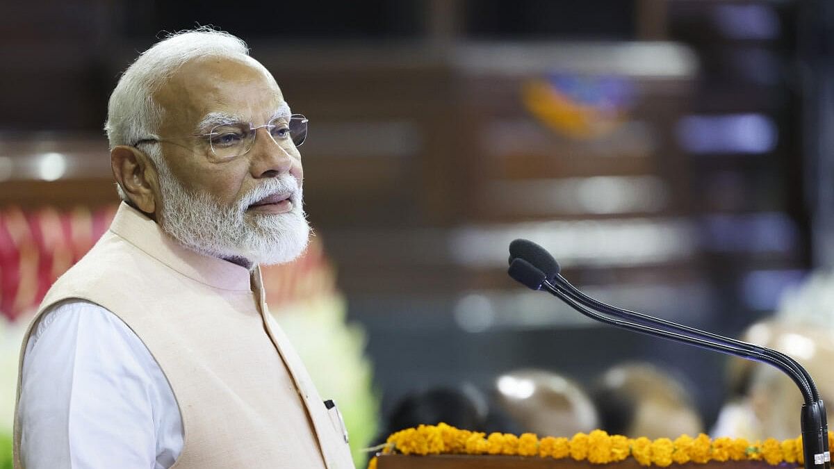 <div class="paragraphs"><p>Prime Minister Narendra Modi addresses the NDA Parliamentary Party meeting at Samvidhan Sadan.</p></div>