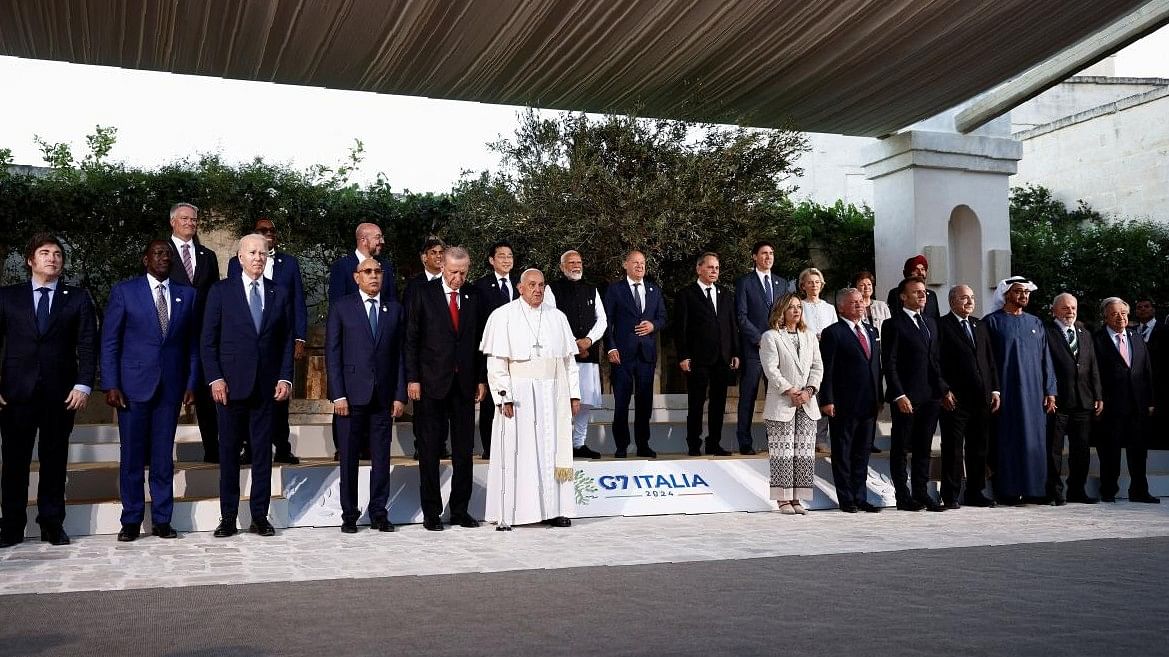 <div class="paragraphs"><p>U.S. President Joe Biden, Pope Francis, European Commission President Ursula von der Leyen, United Nations Secretary General Antonio Guterres, Italy's Prime Minister Giorgia Meloni, French President Emmanuel Macron, Canada's Prime Minister Justin Trudeau, German Chancellor Olaf Scholz, Britain's Prime Minister Rishi Sunak, Jordan's King Abdullah, Japan's Prime Minister Fumio Kishida, Brazil’s President Luis Ignacio Lula da Silva, Algeria’s President Abdelmadjid Tebboune, Argentina’s President Javier Milei, India’s Prime Minister Narendra Modi, Kenya’s President William Ruto, United Arab Emirates President Sheikh Mohammed bin Zayed, chairperson of the African Union and Mauritania's President Mohamed Ould Ghazouani, Turkey's President Recep Tayyip Erdogan, World Bank President Ajay Banga, Akinwumi Adesina, president of the African Development Bank, Managing director of the International Monetary Fund (IMF) Kristalina Georgieva, OECD Secretary General Mathias Cormann pose for a family photo on the second day of the G7 summit at the Borgo Egnazia resort, in Savelletri, Italy.</p></div>