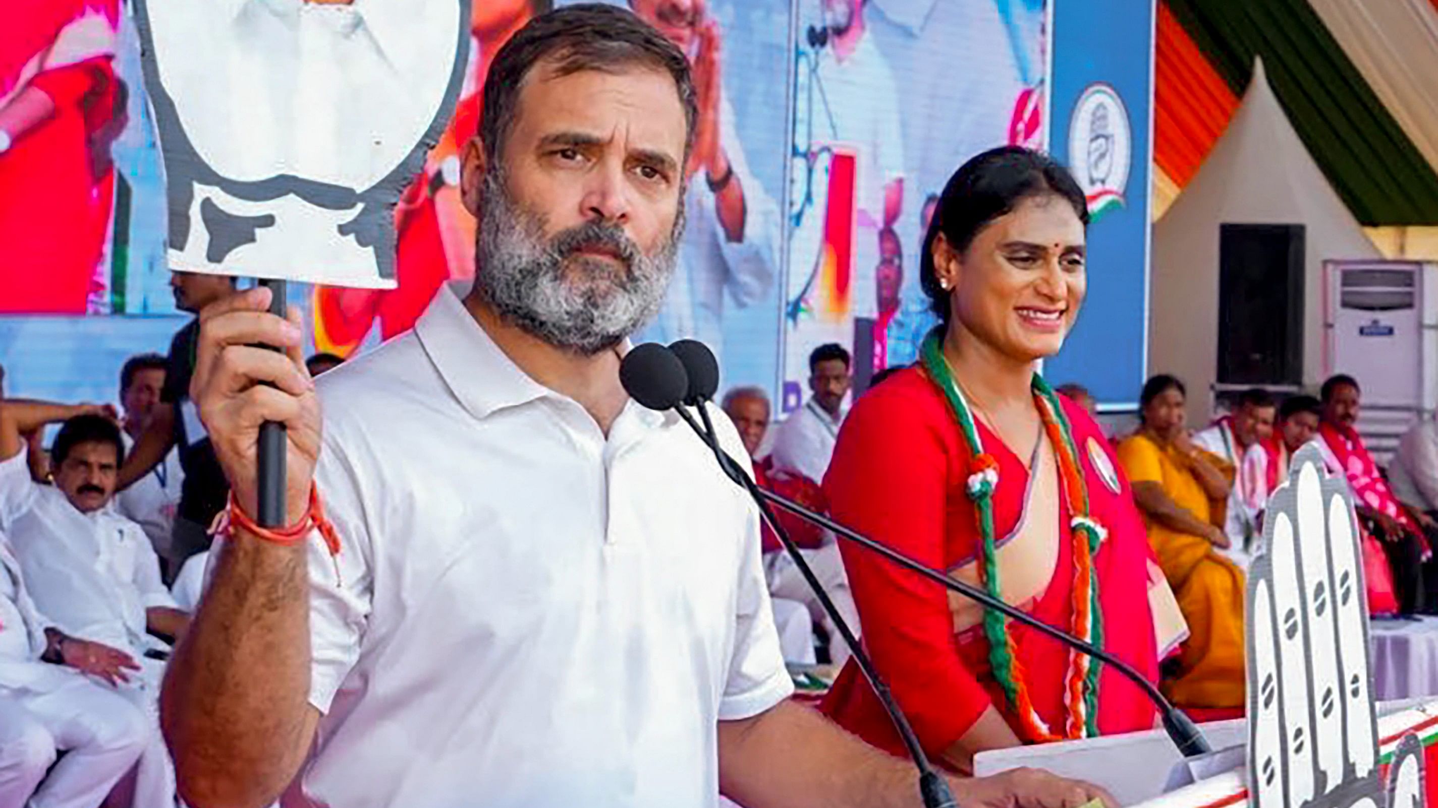 <div class="paragraphs"><p>File photo of Congress leader Rahul Gandhi with party leader Y S Sharmila during a public meeting for Lok Sabha elections, in Kadapa, Andhra Pradesh.</p></div>