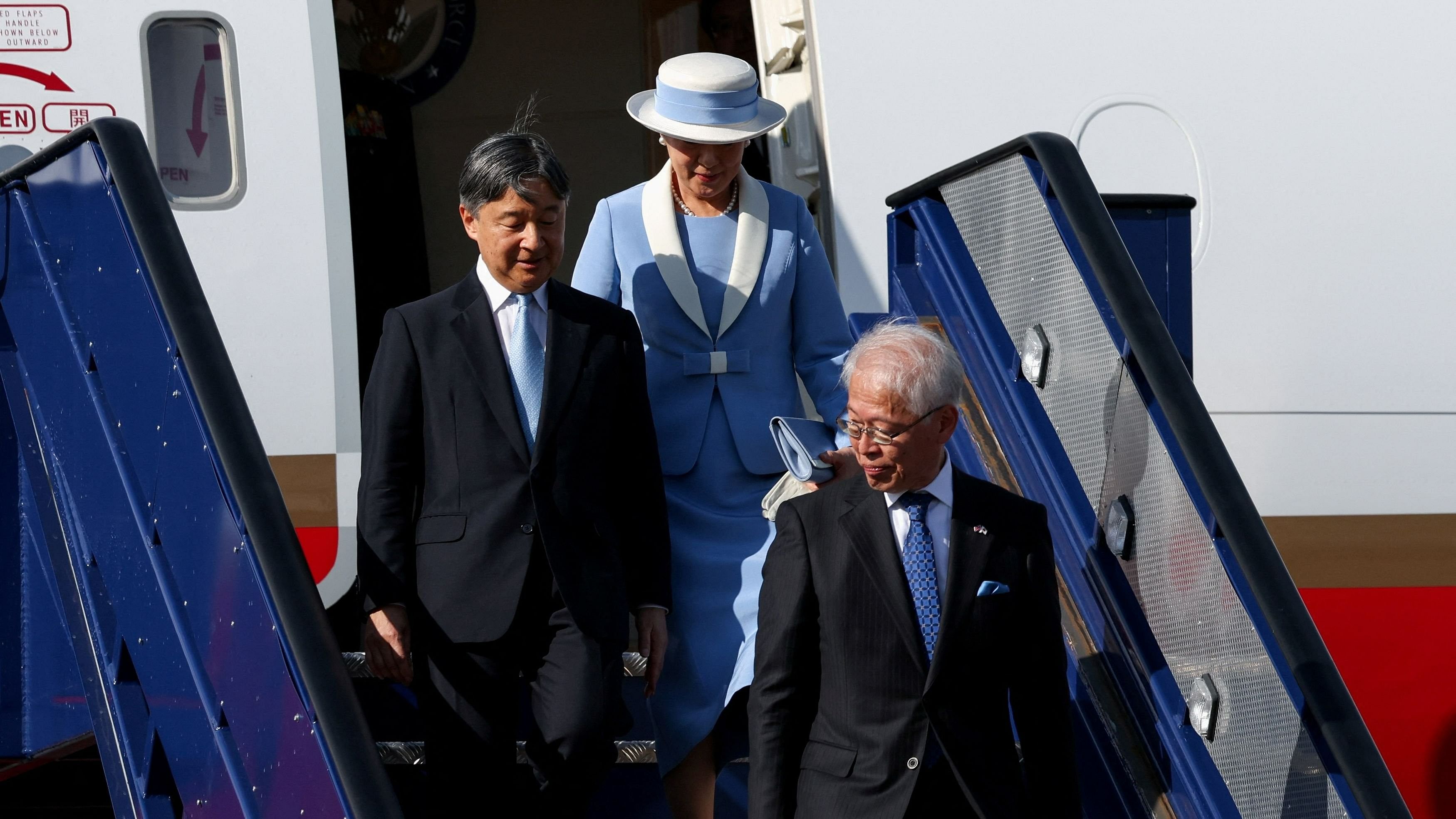 <div class="paragraphs"><p>Japanese ambassador to Britain Hajime Hayashi walks in front of Japan's Emperor Naruhito and Empress Masako as they arrive on a state visit to Britain, at Stansted Airport near London, Britain, June 22, 2024. </p></div>