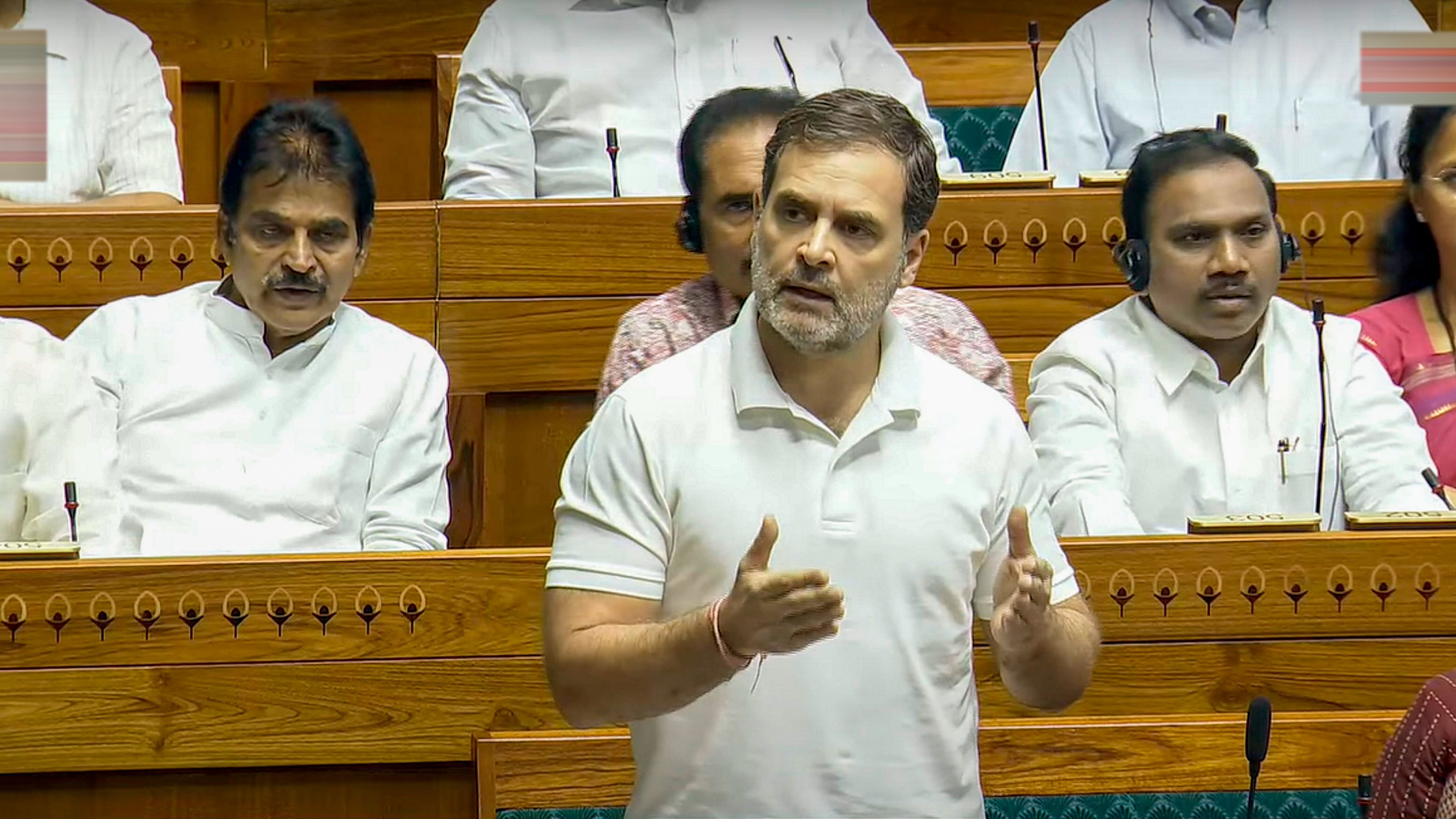 <div class="paragraphs"><p>Leader of Opposition Rahul Gandhi speaks in the Lok Sabha during ongoing Parliament session, in New Delhi, on Friday.</p></div>