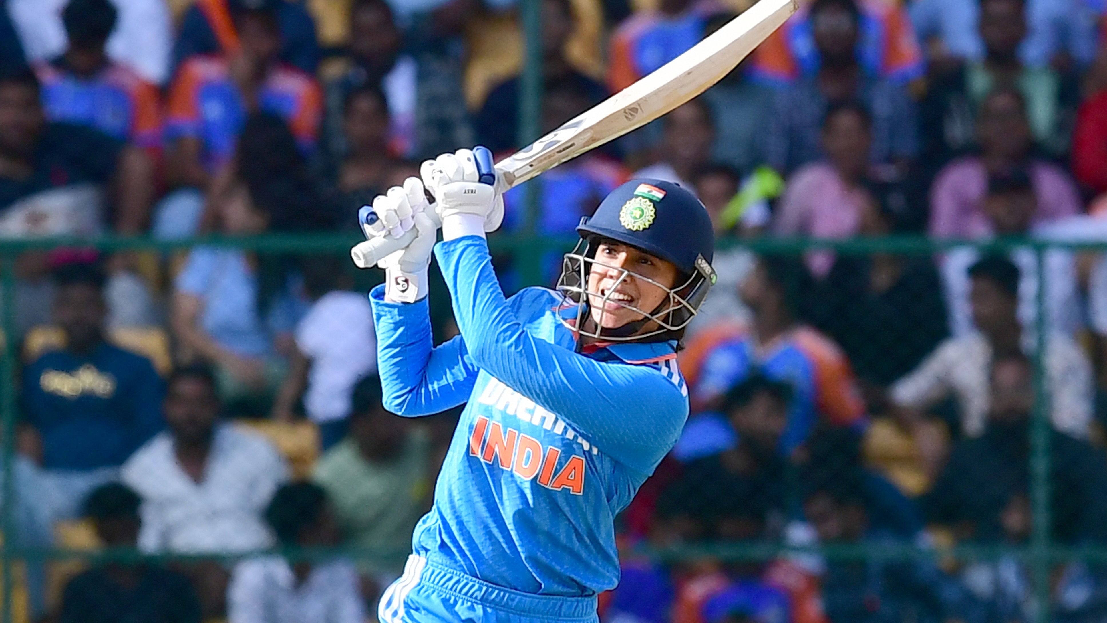 <div class="paragraphs"><p>Smriti Mandhana (117) of Indian Women Cricket player in action against South Africa Women Cricket team in Indian Women vs South Africa Women ODI in South Africa Women tour at M Chinnaswamy Stadium in Bengaluru on Sunday, 16th June 2024. </p></div>