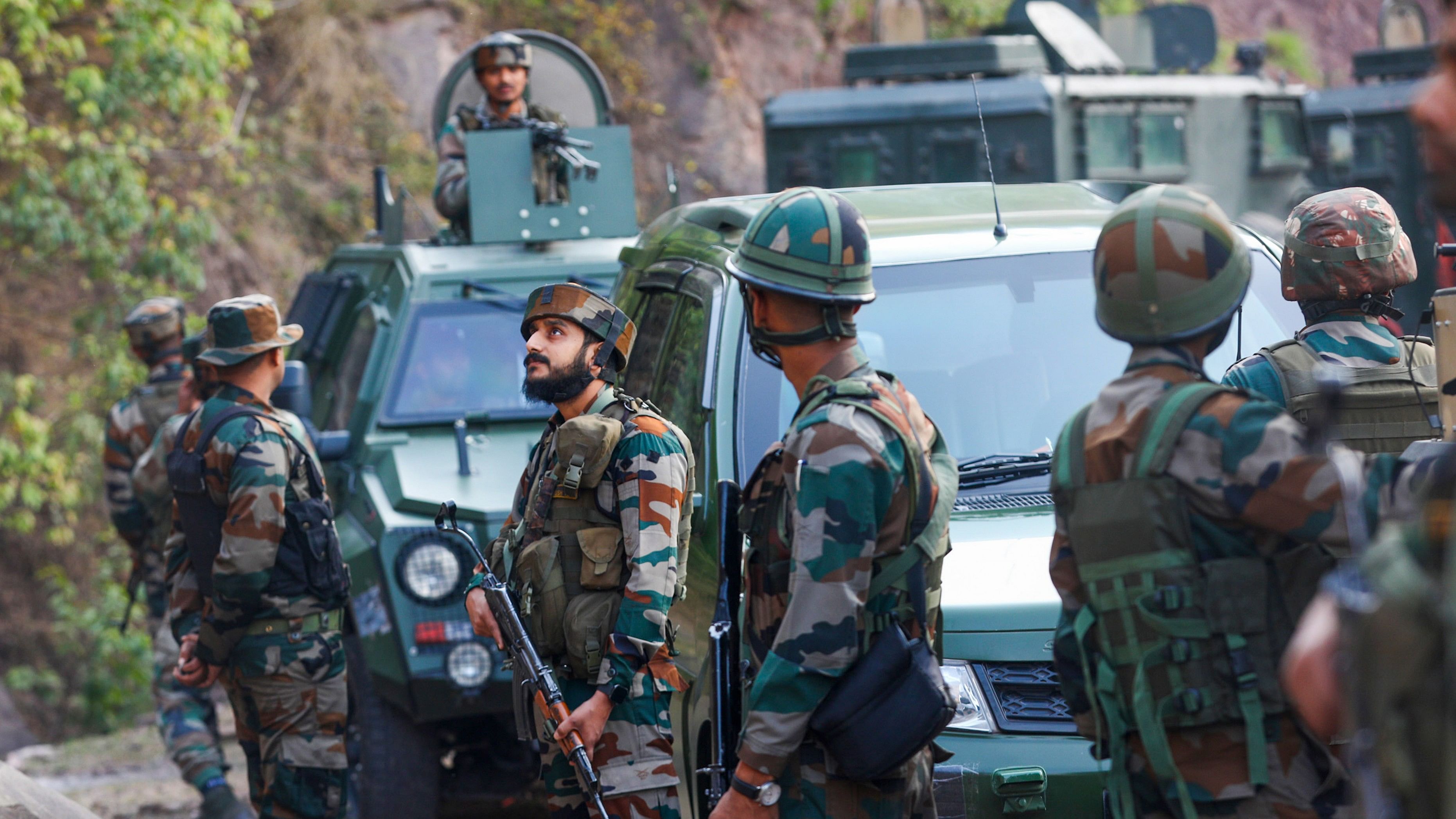 <div class="paragraphs"><p>Army personnel during a search operation after a bus carrying pilgrims was ambushed by terrorists, in Reasi district of Jammu and Kashmir, Monday, June 10, 2024.</p></div>