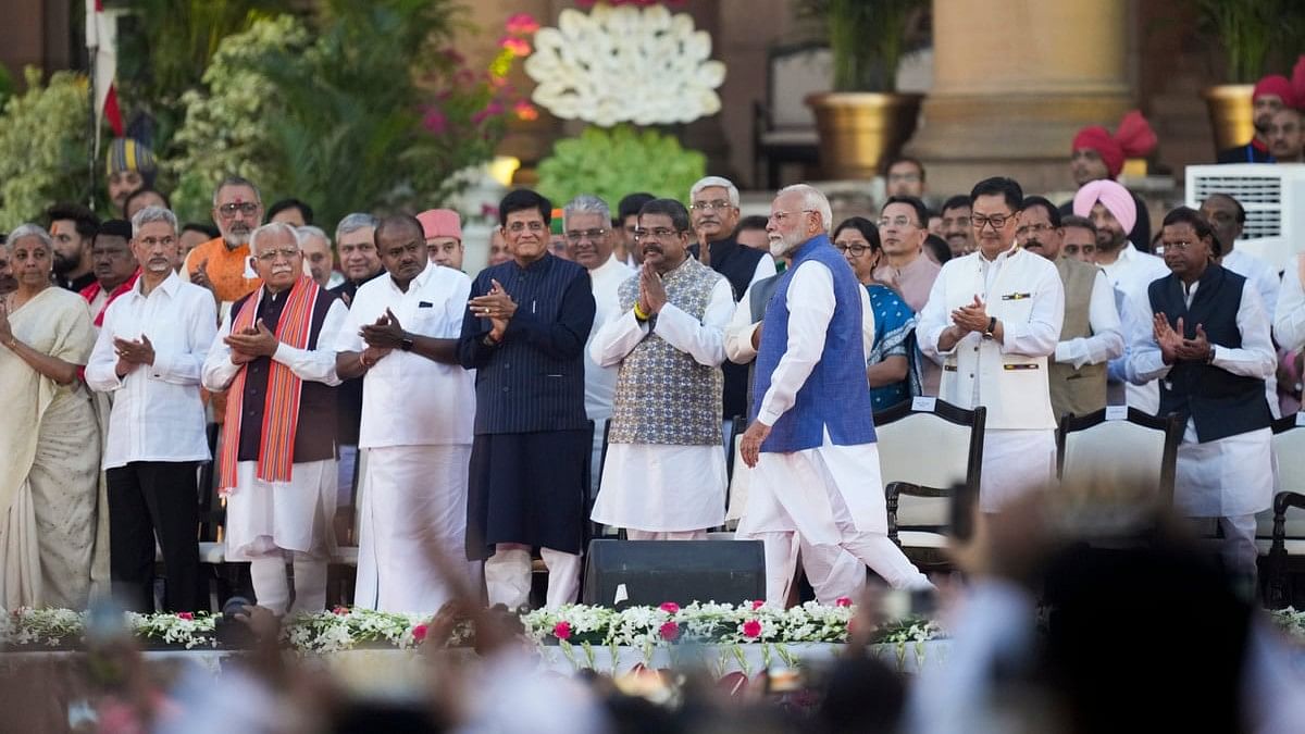 <div class="paragraphs"><p>PM-designate Narendra Modi arrives to take oath as prime minister for the third consecutive term, at Rashtrapati Bhavan in New Delhi, Sunday, June 9, 2024. BJP leader Piyush Goyal, JD (S) leader HD Kumaraswamy and others are also seen.</p></div>