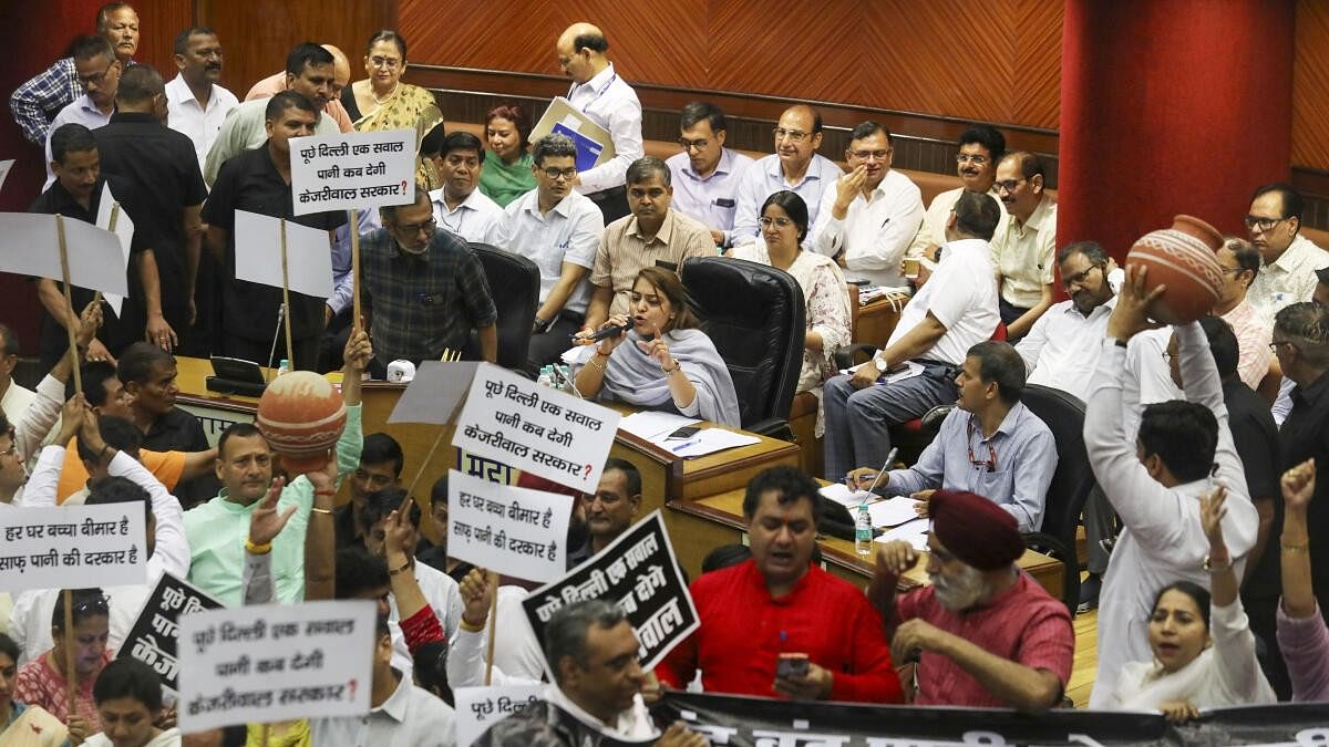 <div class="paragraphs"><p>BJP councillors protest against the Delhi government over the ongoing water crisis in the national capital, at Civic Centre, in New Delhi.</p></div>