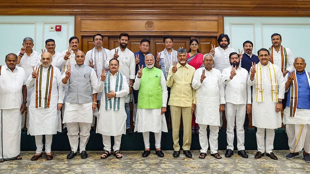 <div class="paragraphs"><p>Prime Minister Narendra Modi with BJP President J P Nadda, TDP chief N Chandrababu Naidu, JD(U) chief Nitish Kumar and other leaders during a meeting of the National Democratic Alliance (NDA) at PM's residence, in New Delhi, on Wednesday.</p></div>